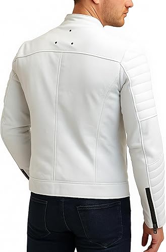 Vista 2 de LP-FACON Chaqueta de cuero blanca para hombre, estilo motociclista, casual, a la moda, ropa de abrigo