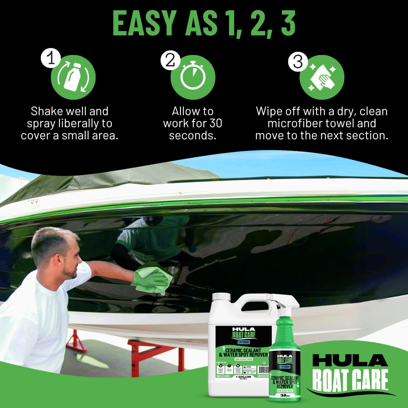 Hula Water Spot Remover Eco Bundle – 32oz Spray Bottle and 1 Gallon Refill | Exterior Boat Cleaner Spray with Ceramic Coating for Added Protection | High-Gloss Finish | Made in USA (32 oz)