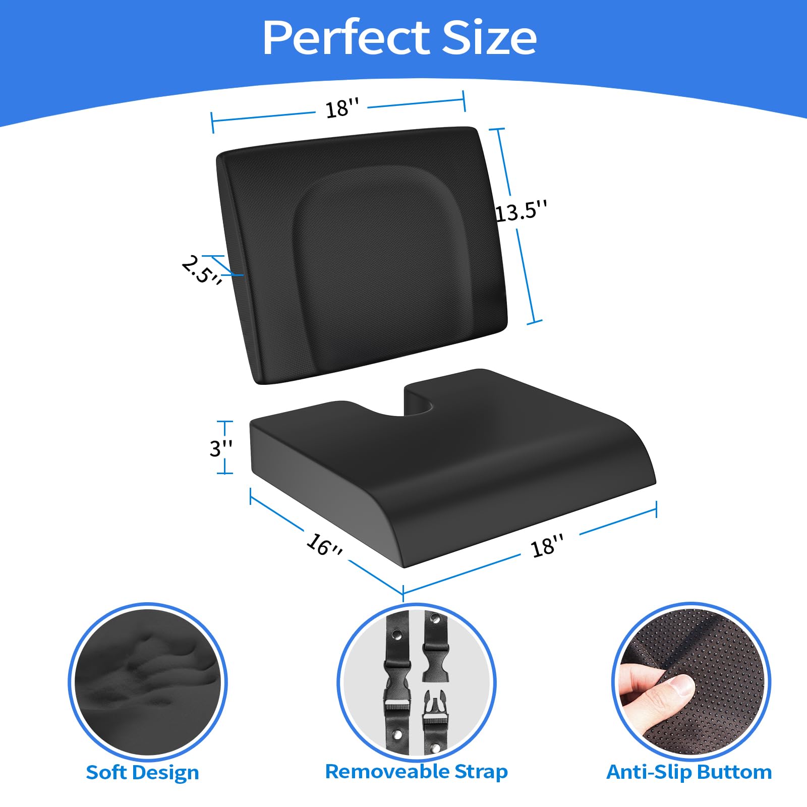 Cojines para silla de ruedas, cojín de gel para silla de ruedas de 18 x 16 pulgadas con almohada lumbar, (juego de 2 piezas) para aliviar la ciática, espalda, coxis, úlceras por presión, alivio de