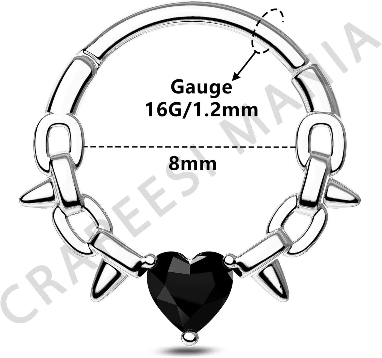 CM Crareesi Mania Spike Septum Rings, 16G Surgical Steel Septum Piercing Jewelry, Black Heart CZ Daith Earrings, Nose Rings Hoops for Women, Helix Cartilage Daith Piering Jewlery - Image 6