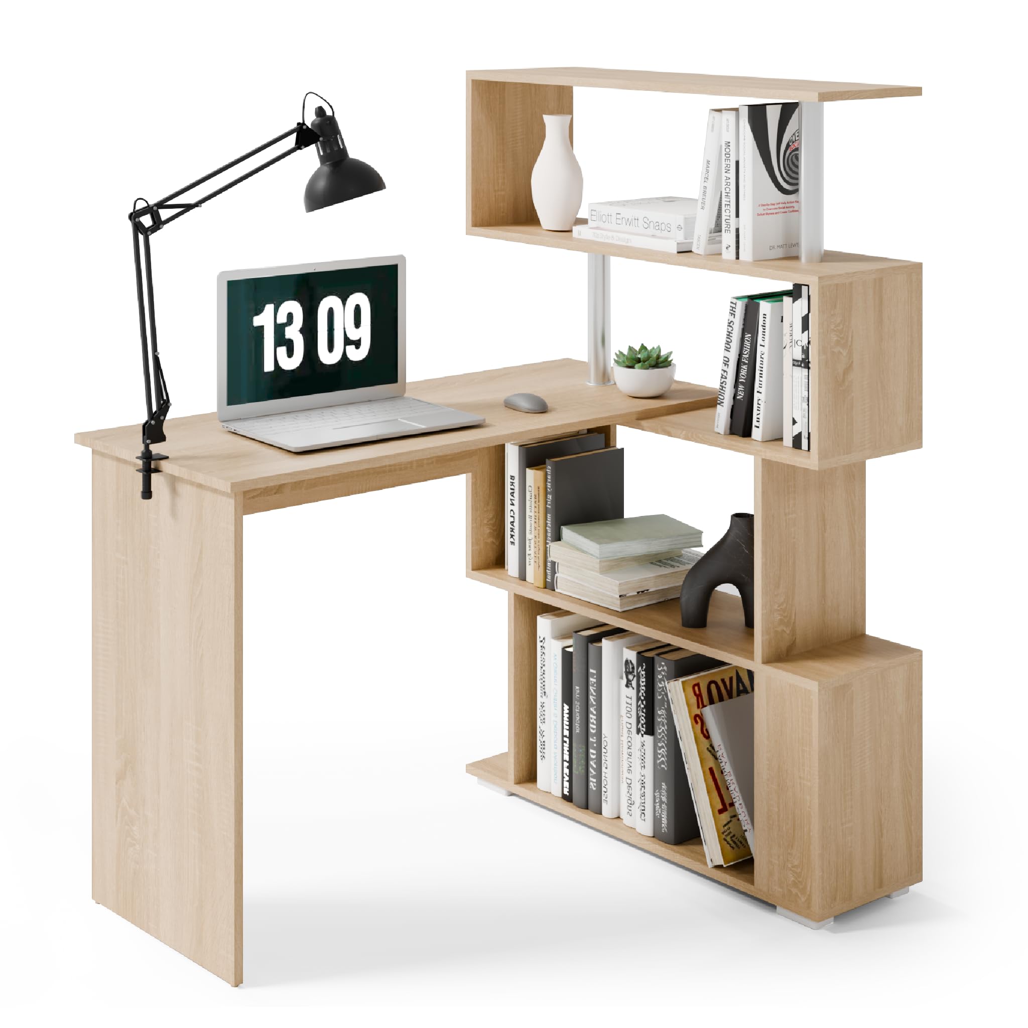 Mondeer Computer Desk, Corner Desk with 4-Tier Storage Bookshelves Rotatable, Space Saving for Home Office Writing Workstation, Oak