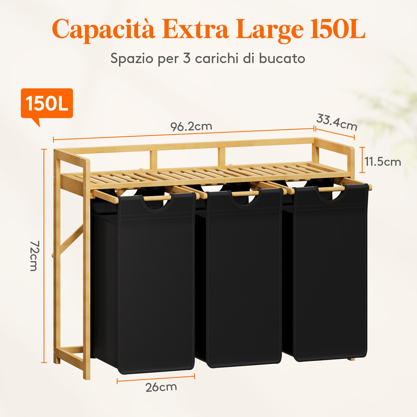 Lifewit Cesto Portabiancheria 150L a 3 Scomparti, Grande Cesta per Biancheria con 3 Sacchi Rimovibili, Mobile per Bucato per Camera da Letto, Bagno, Lavanderia, Nero