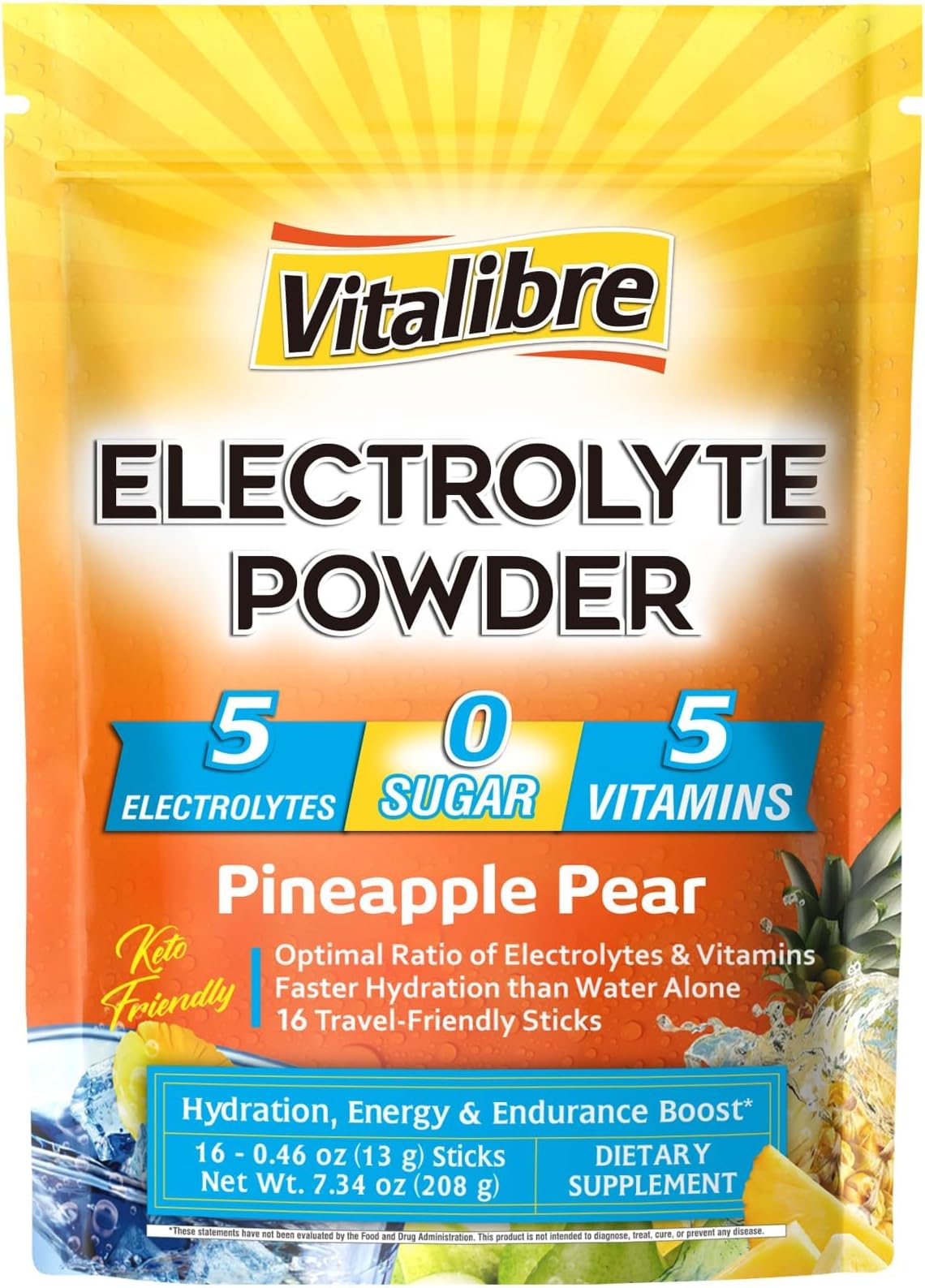 Electrolytes Powder Packets | Magnesium, Potassium, Sodium, Vitamin C | for Rapid Hydration | Zero Sugar & Keto | 16 Stick Packs | Pineapple Pear Flavor