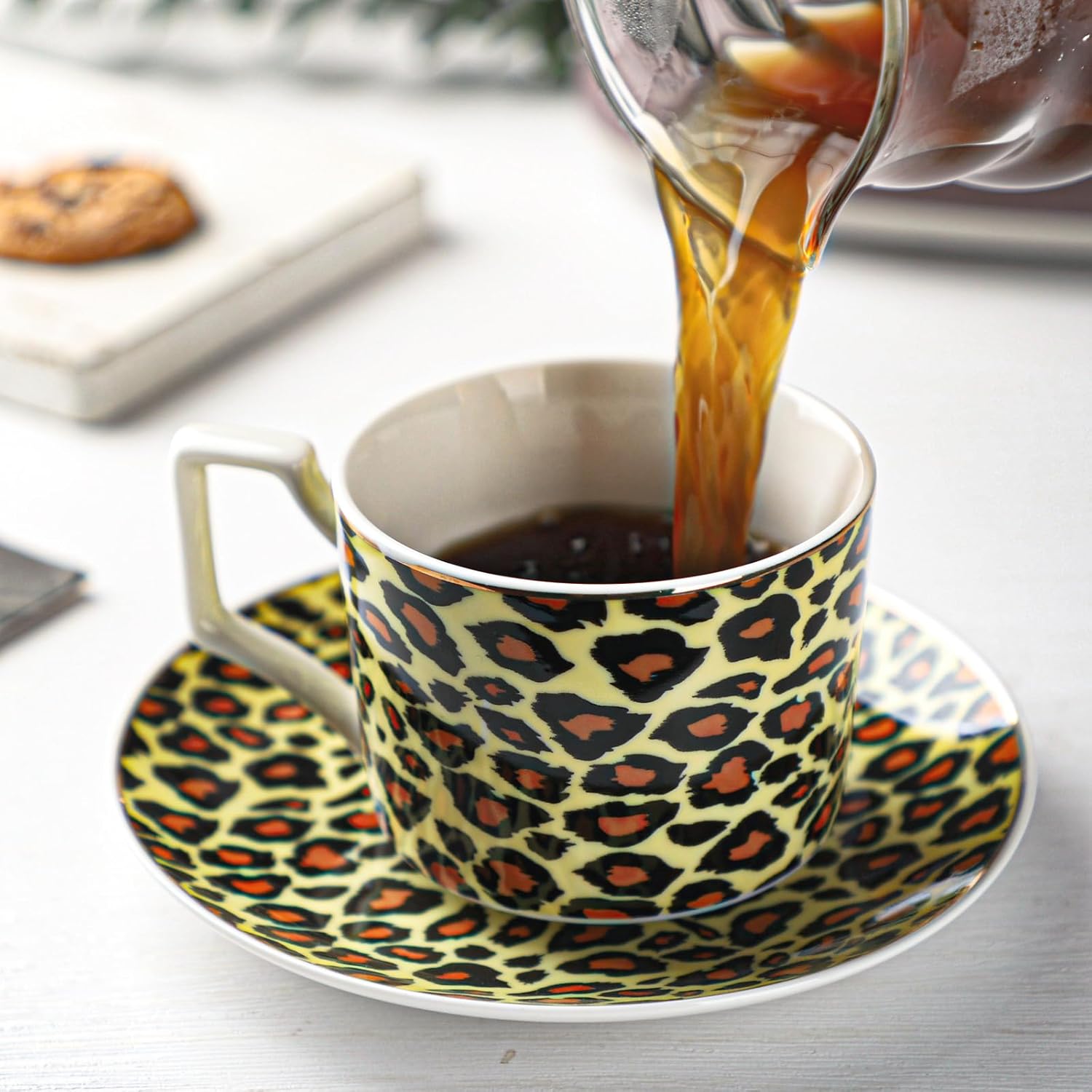 Tea Cup with Saucer Set, 6.8 oz Euro Style Coffee Mug，Novelty Ceramic Espresso Cup for Home Kitchen Cafe Wedding - Leopard Pattern