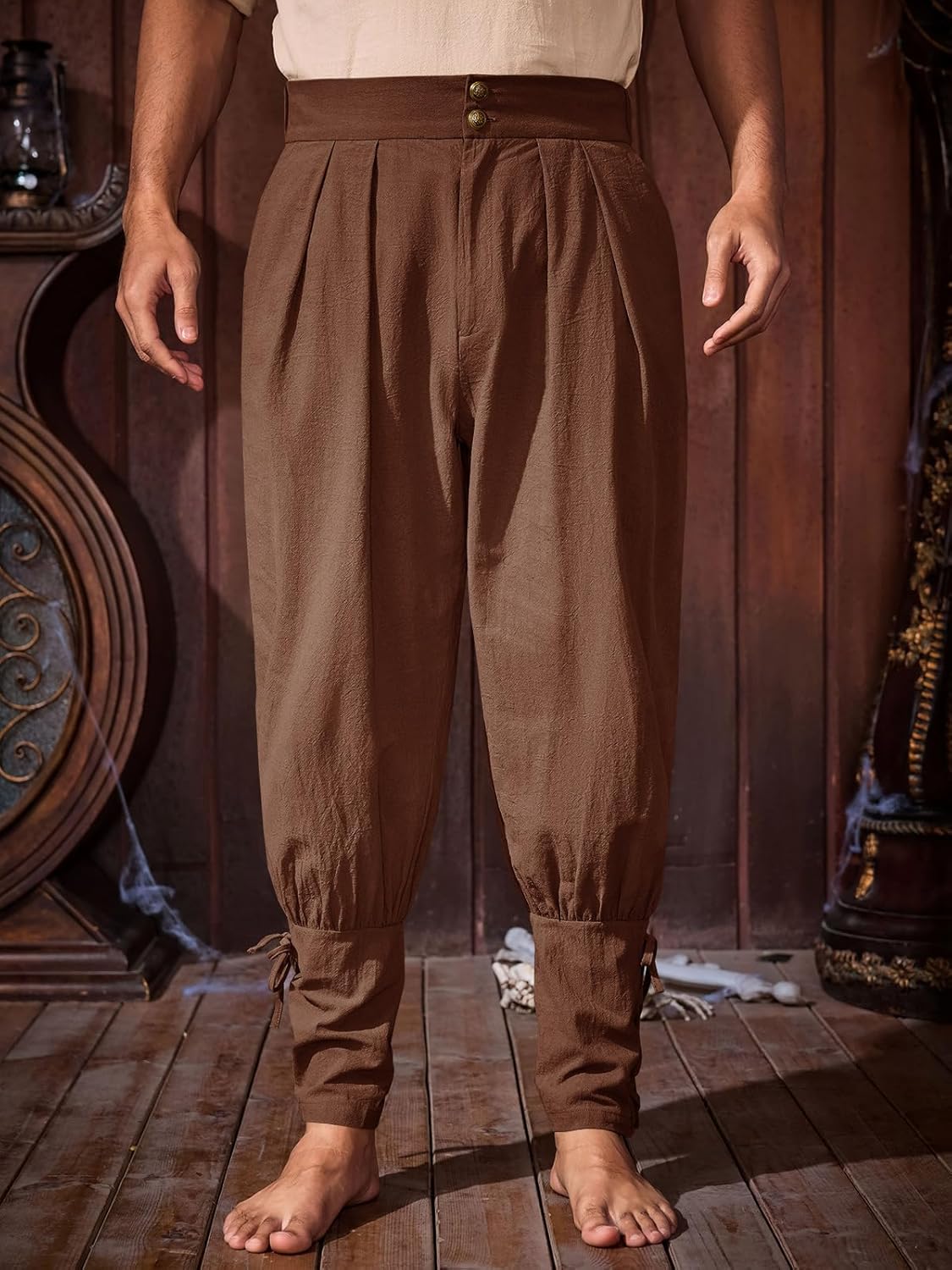 Runcati Mens Medieval Ankle Pants Renaissance Viking Pirate Pants Lace Up Cotton Tapered Halloween Costume Trousers - Image 2
