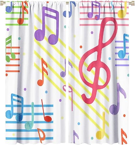 Cortinas con notas temáticas musicales, coloridas y abstractas modernas, con estampado de símbolos de música moderna, cortinas opacas con