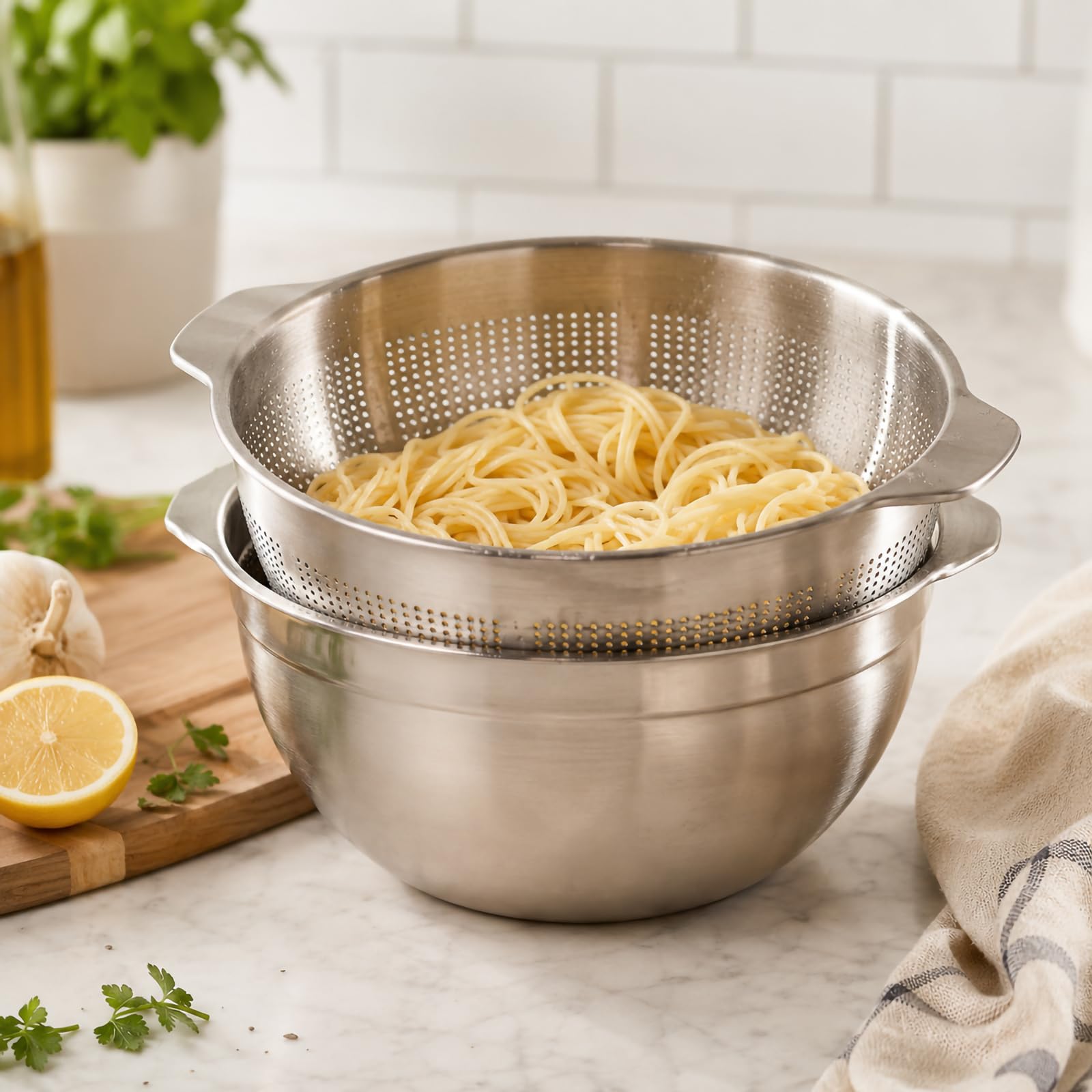 Produce - Juego de coladores para lavar (27 cm) | Lavabo de acero inoxidable 304, cesta de drenaje con asas, herramienta de enjuague de cocina