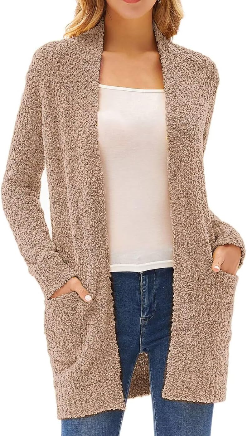 GRACE KARIN Long Cardigan Sweaters for Women, Open Front Fuzzy Winter Coat, Chunky Knit Winter Clothing with Pockets