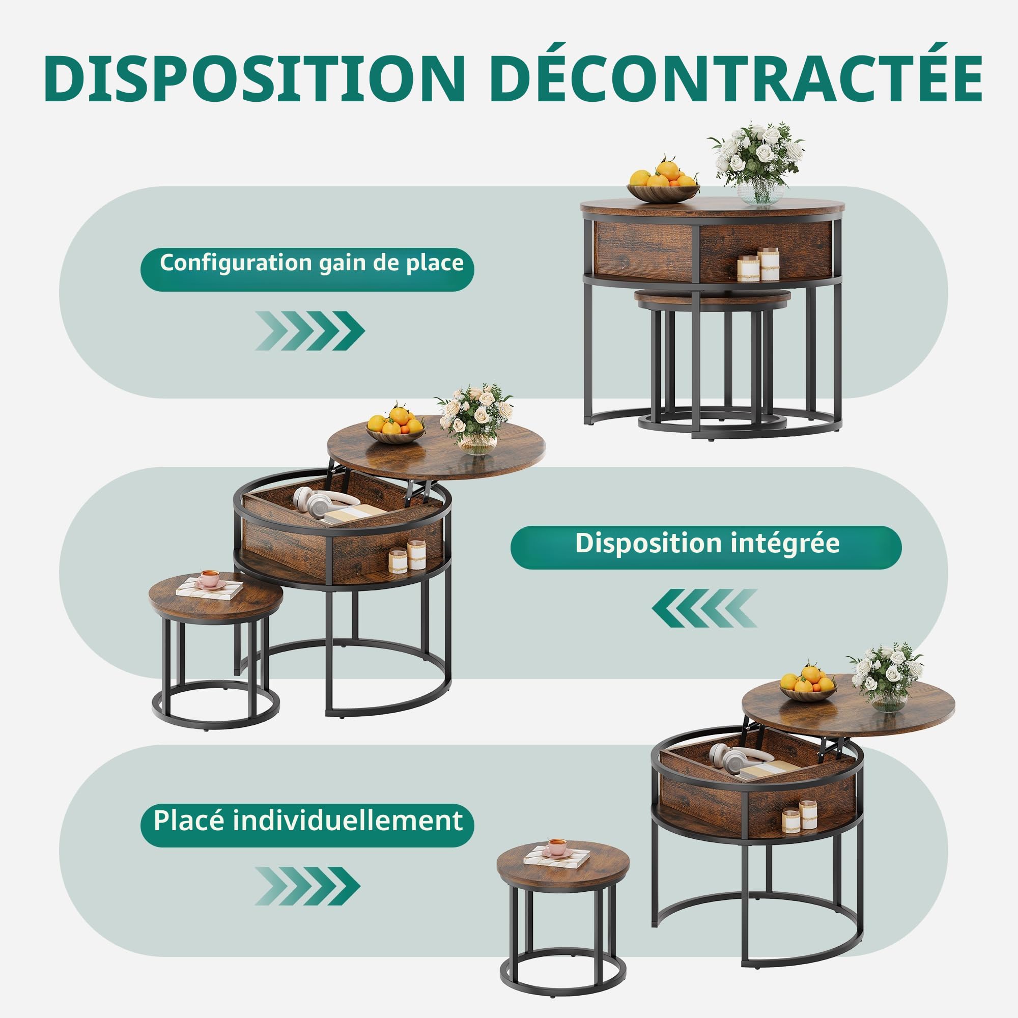 YITAHOME Table Basse Salon Relevable Ronde Bois avec Espace de Rangement et Plateau de Levage, Table Basse Gigogne pour Salon, 60x60x50 cm, 38x38x30 cm