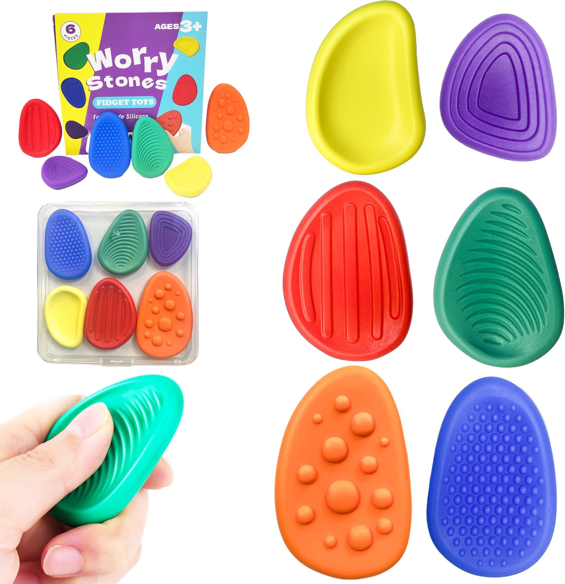 Fidget Toys Sensory Stone Set with Storage Box: 6-Pack Soft Textured Worry Stones for Autism Calming - Quiet Fidget Toys for Classroom & Anxiety Relief - Small Prizes Sensory Fidgets