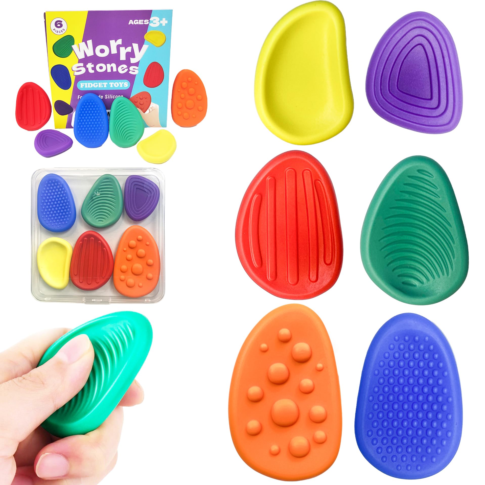 Fidget Toys Sensory Stone Set with Storage Box: 6-Pack Soft Textured Worry Stones for Autism Calming - Quiet Fidget Toys for Classroom & Anxiety Relief - Small Prizes Sensory Fidgets
