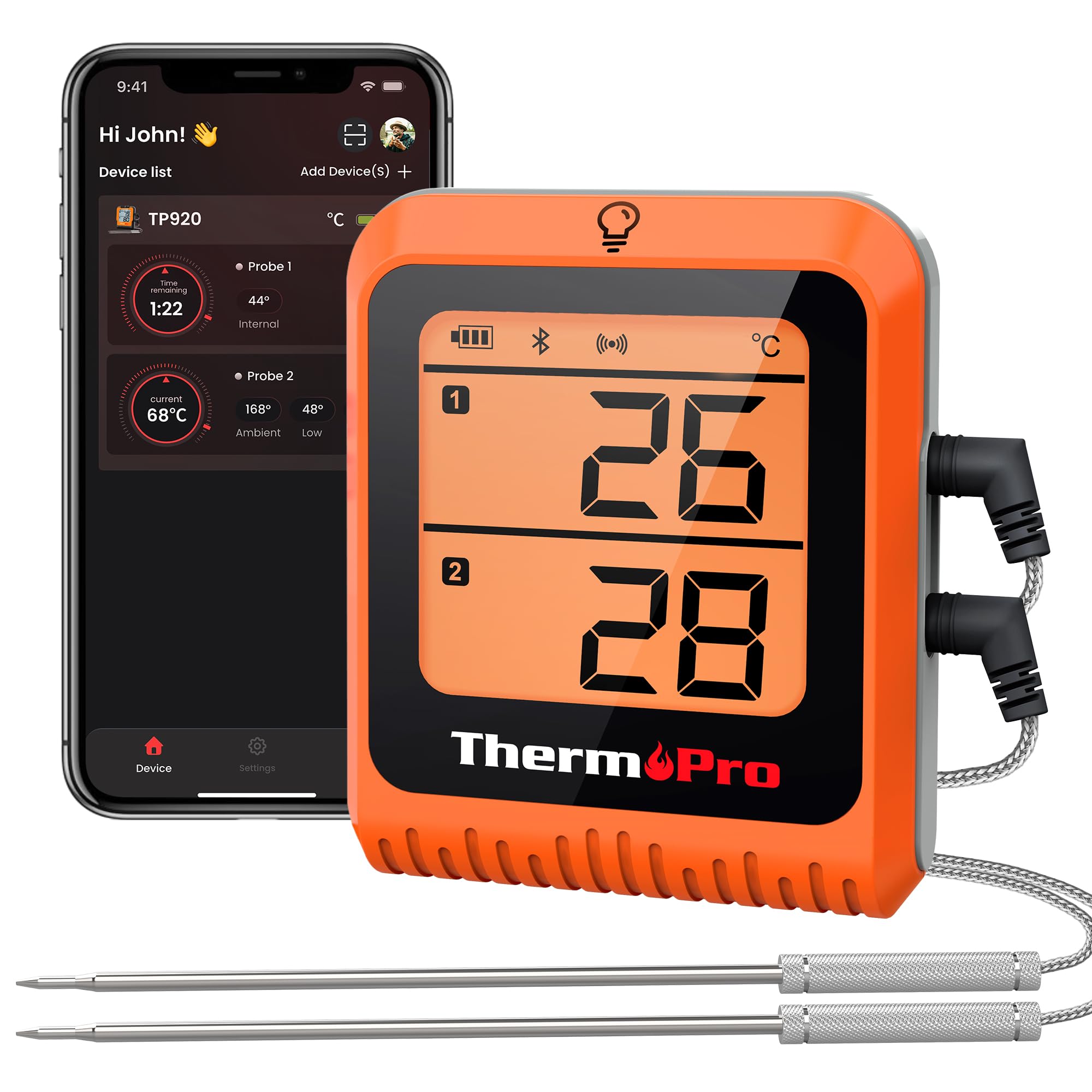 ThermoPro TempPro Fleischthermometermit 2 Sonden Grillthermometer 150 Meter, Empfängt Bluetooth Bratenthermometer mit Timer und Alarmfunktion, Thermometer Kochen für Fleisch, Grill, Ofen