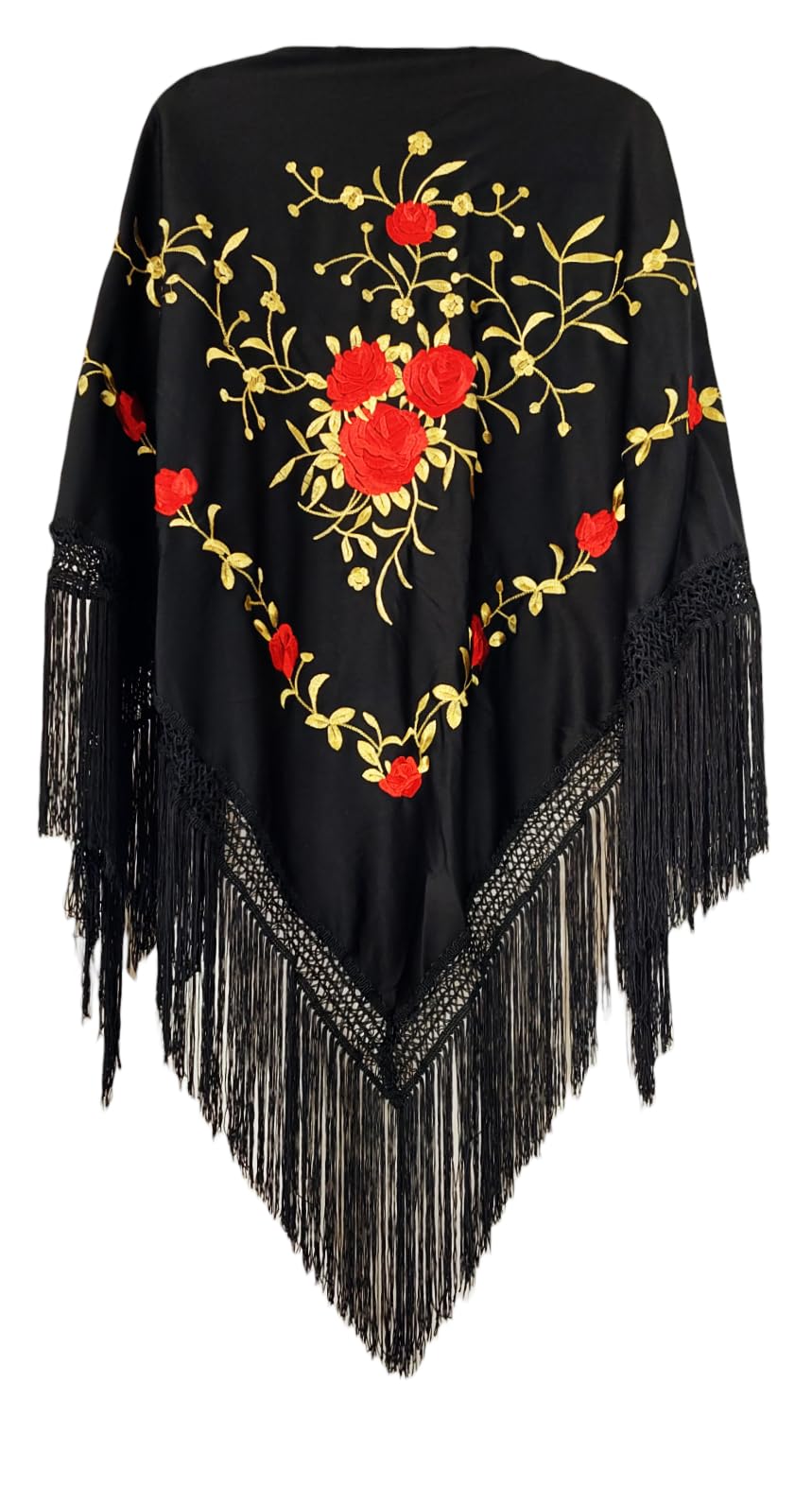 Flamifeel Women's Black Red Yellow Triangular Embroidered Shawl With Fringes 150/100/20, M