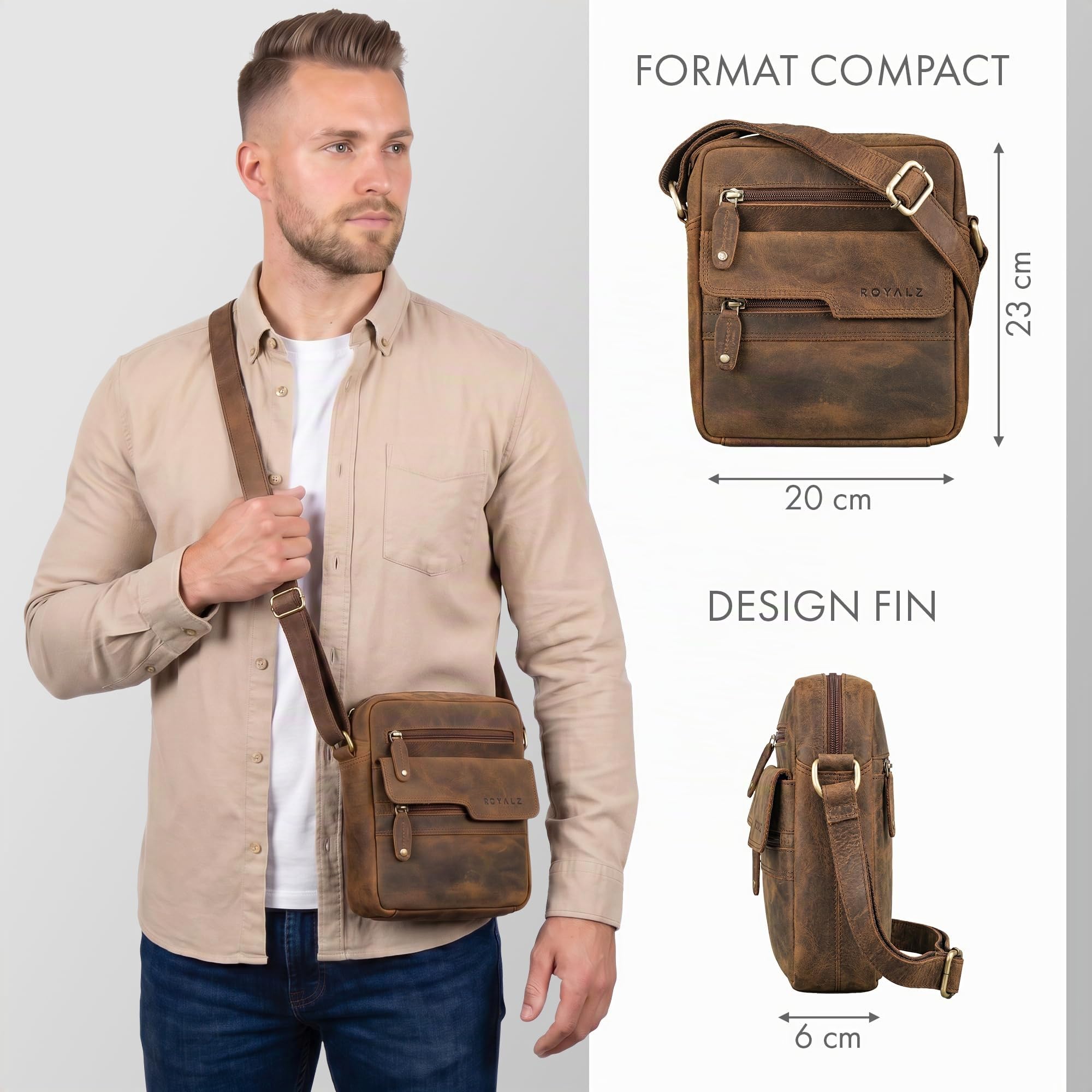 ROYALZ "Oregon Sac Bandoulière Homme Cuir Petit – Sac Homme Cuir Véritable Vintage, Sacoche Homme Compacte, Sac Porté Croisé Homme, Sac Messenger Cuir