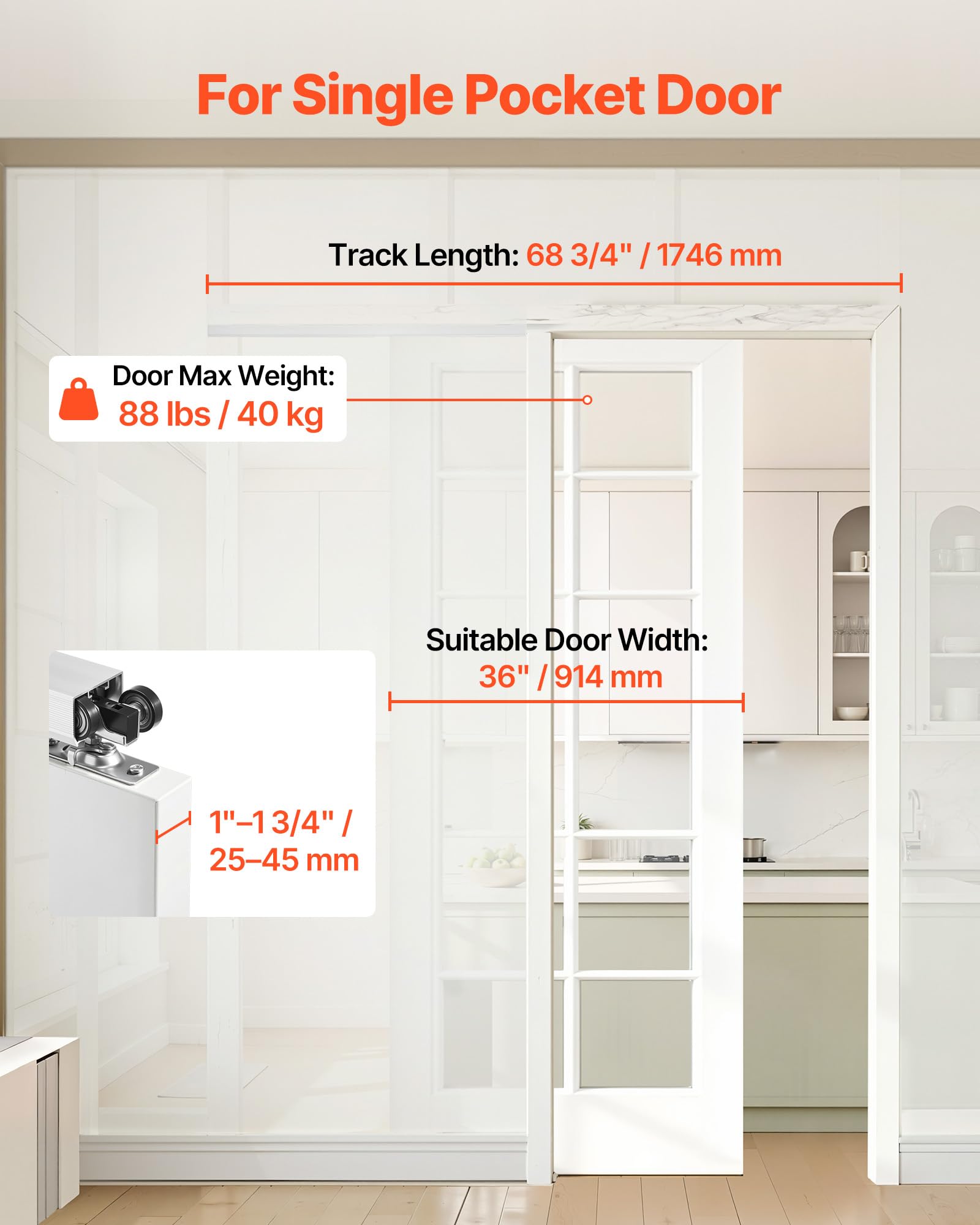 VEVOR Kit de Herrajes para Puerta Corrediza 174,6 cm, Herraje para Una Sola Puerta de 25-45 mm de Grosor y 914 mm de Ancho, Pista de Aleación de Aluminio, Deslizamiento Suave y Silencioso, Plata