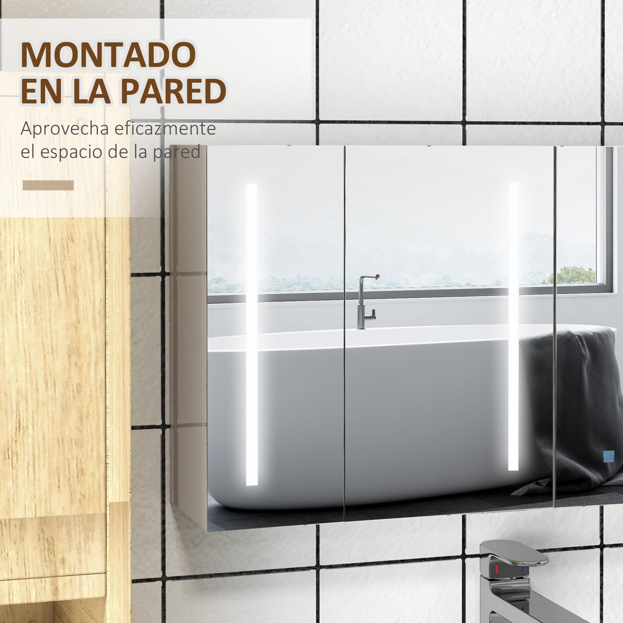 kleankin Armario con Espejo de Baño LED 90x15x70 cm Blanco Brillante | Mueble de Pared Colgante, 3 Puertas, Estantes Ajustables, Interruptor Táctil y USB