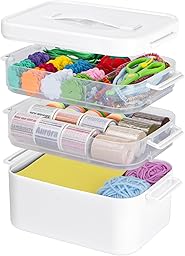 Creahaus 3 Layers Multipurpose Storage Box Organiser with Removable Trays, Stackable Art Craft Storage Box Case with Handle, Portable Medicine Box Storage Containers for Sewing, Arts, Crafts