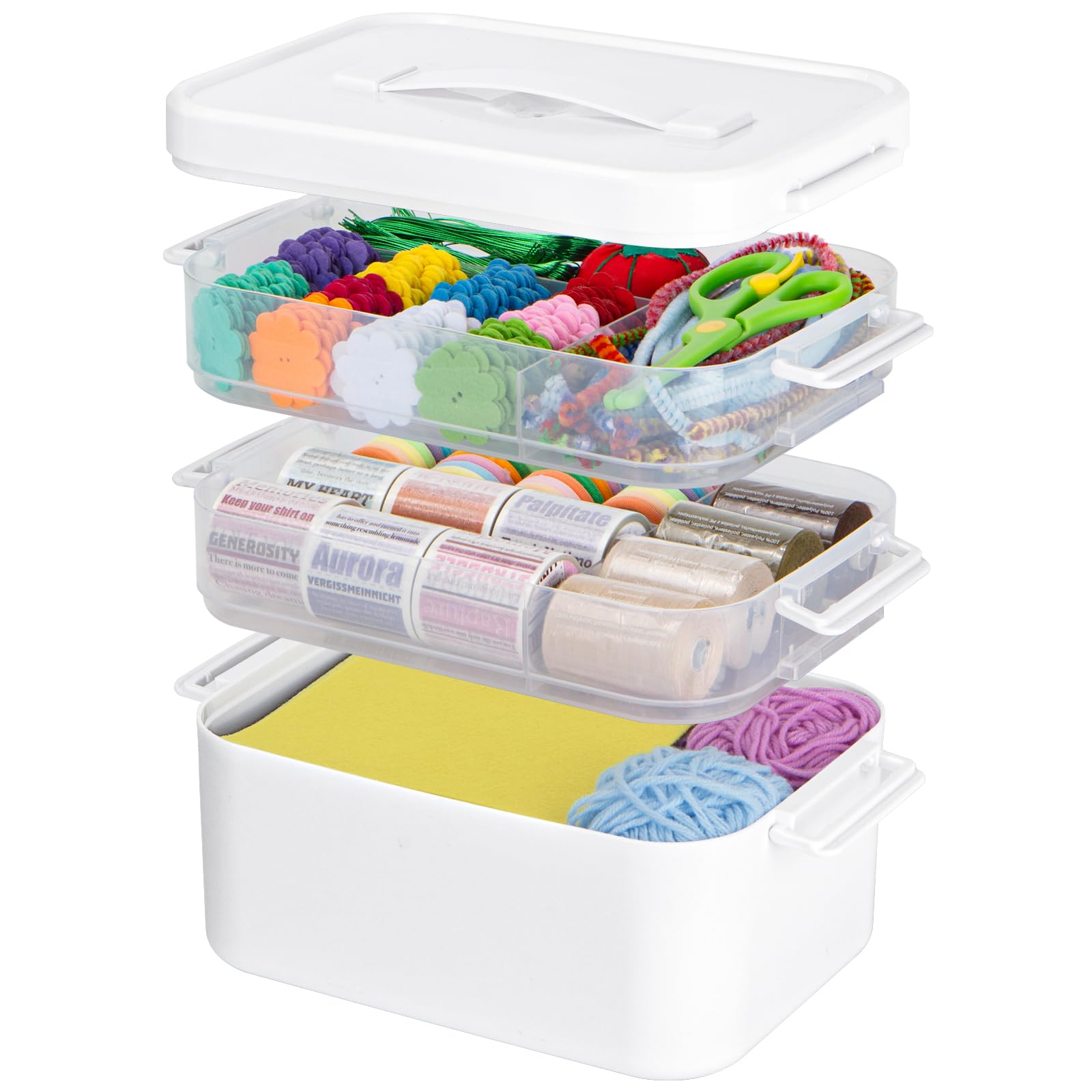 Creahaus 3 Layers Multipurpose Storage Box Organiser with Removable Trays, Stackable Art Craft Storage Box Case with Handle, Portable Medicine Box Storage Containers for Sewing, Arts, Crafts