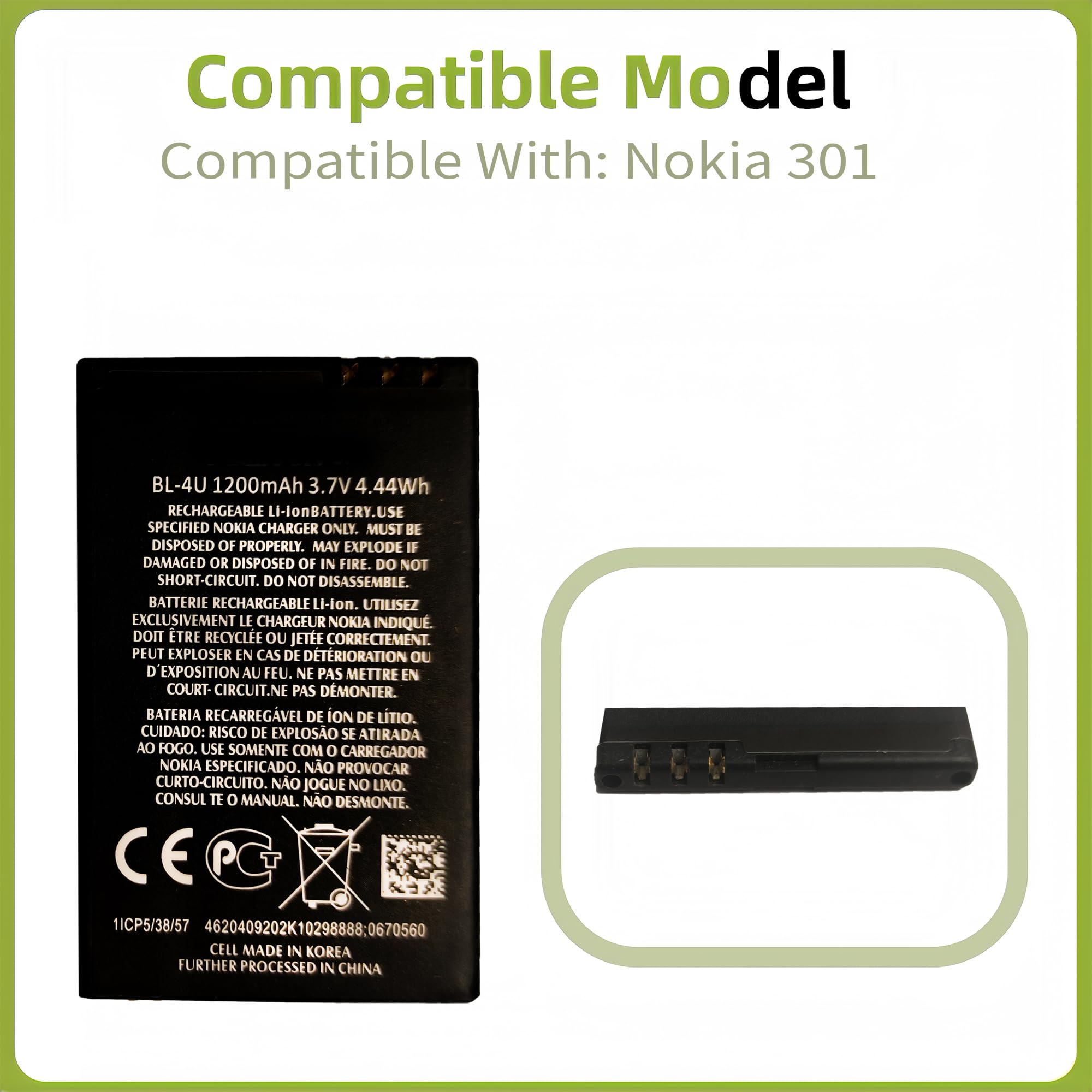 Batteria di ricambio BL-4U compatibile con Nokia 301, 3120C, 500, 515, 5250, 5330, 5530, 6600, 8800, C5, E75 con set di attrezzi
