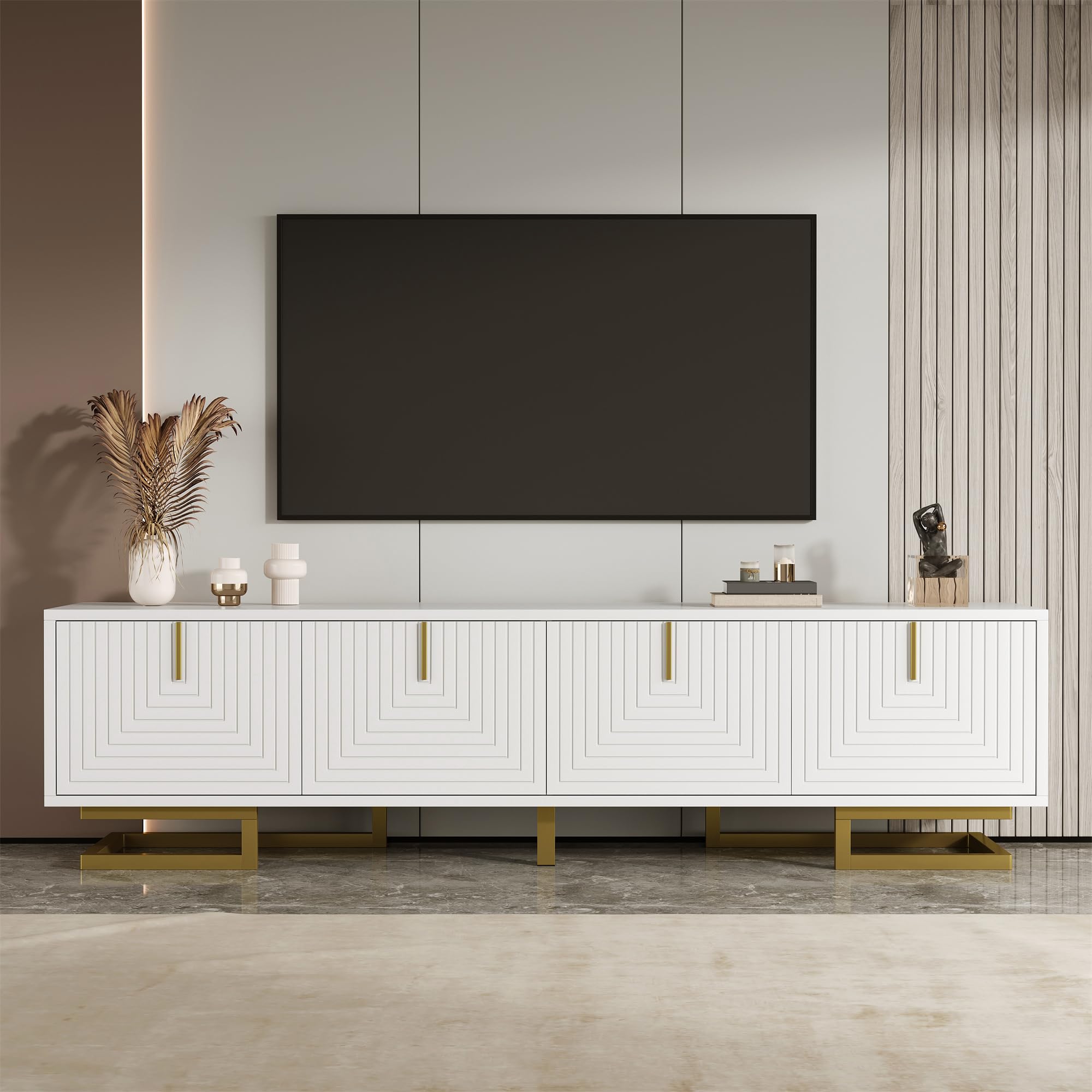 Merax TV Stand Cabinet, White TV Unit Storage Cabinet with 4 Doors, Textured Doors Design, Stabilizing Golden Handles and Golden Legs, 160 x 38 x 44.5 cm โ image 1