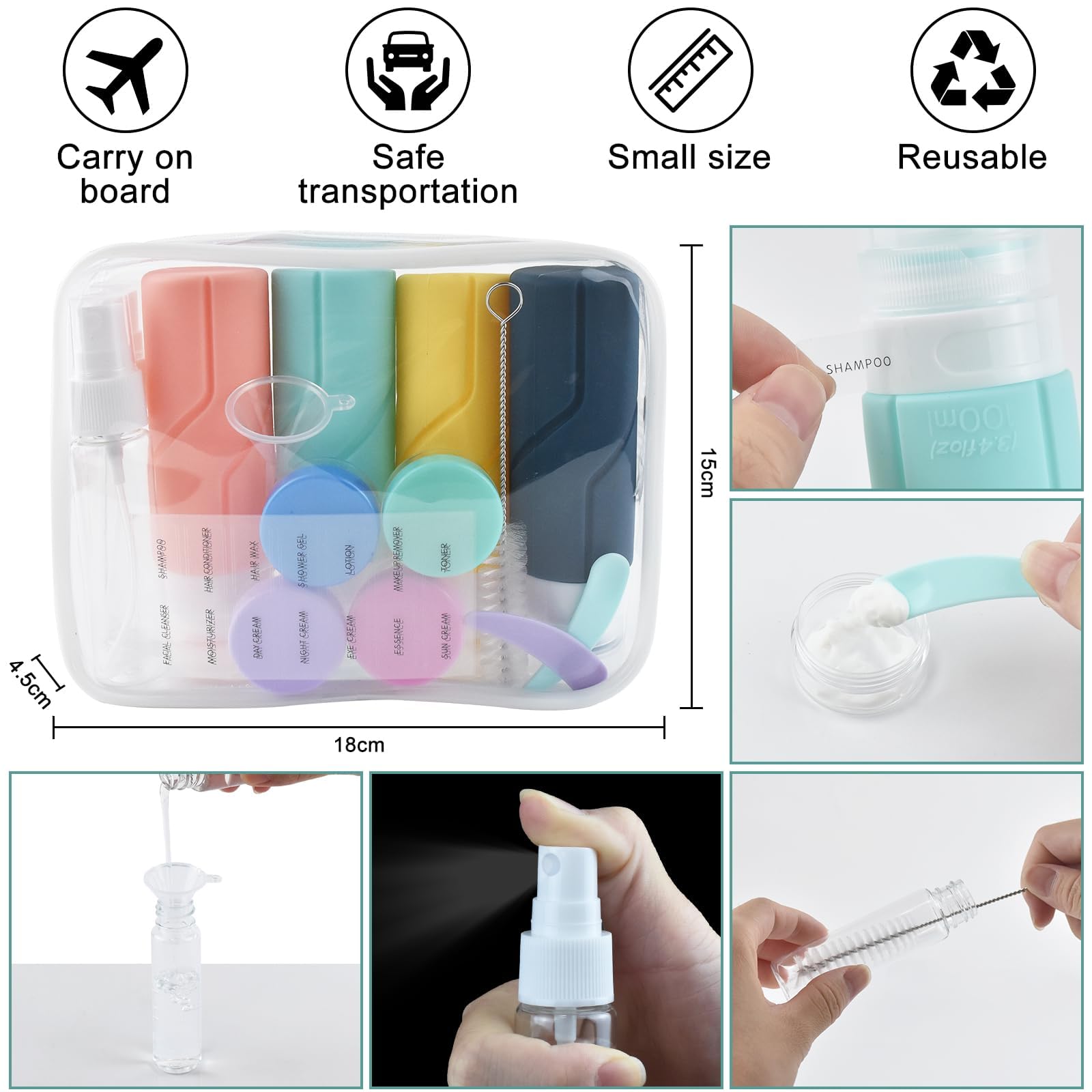 FusionFinity Bottiglie da viaggio per articoli da toeletta - Set di 18 bottiglie da viaggio con borsa trasparente da viaggio - Accessori da viaggio pratici e compatti in aereo in silicone