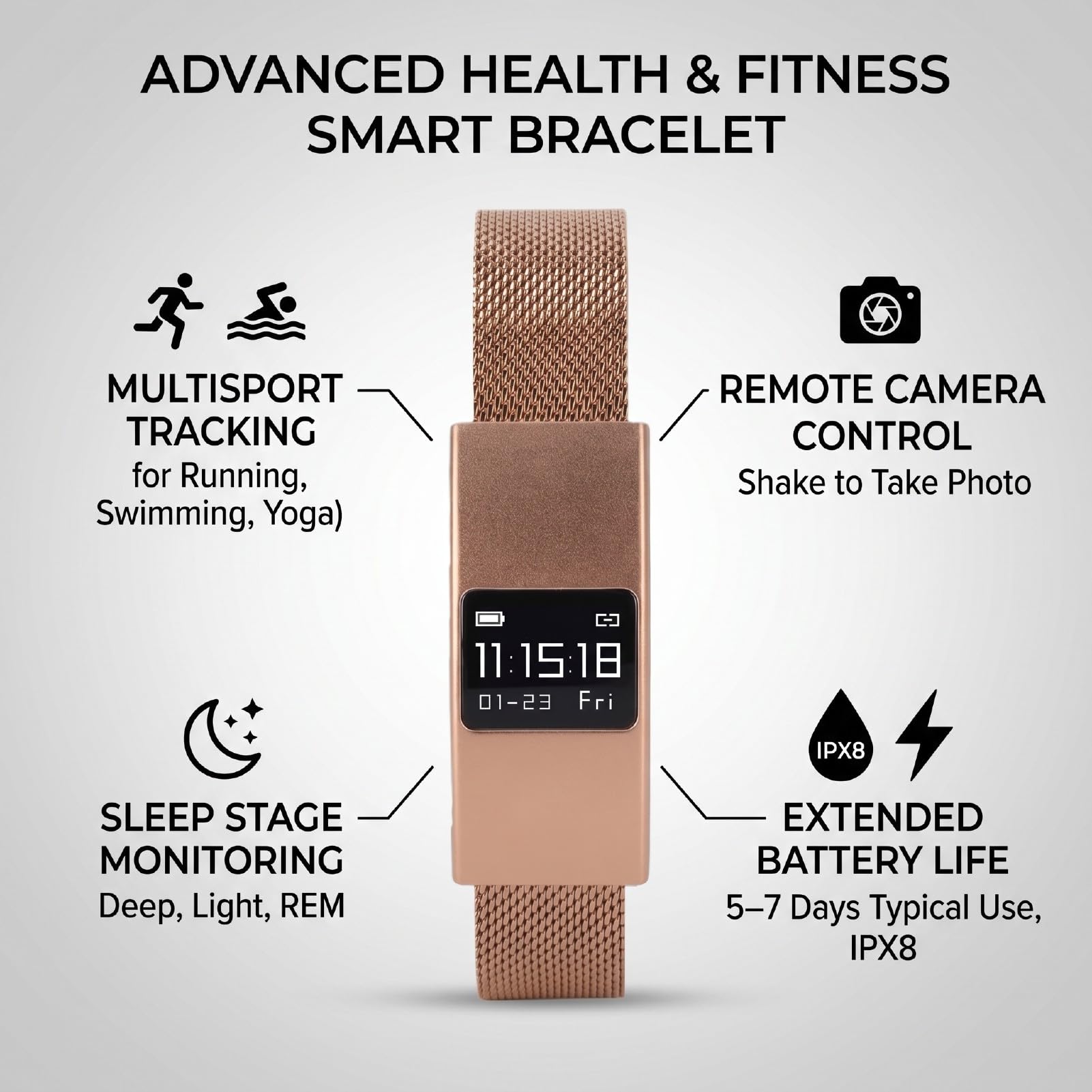 Topiky Bracelet connecté Intelligent pour Femme Homme, Tracker Fitness | Tracker d'activité étanche IPX8, Bluetooth 5.3, Contrôle par Application, Suivi de santé et Fitness avec Multiples Modes