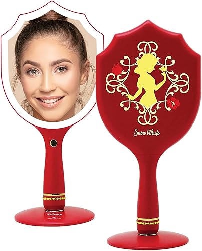 Impressions Vanity - Espejo de maquillaje de mano LED blanco nieve con base de pie, espejo de tocador con botón brillante