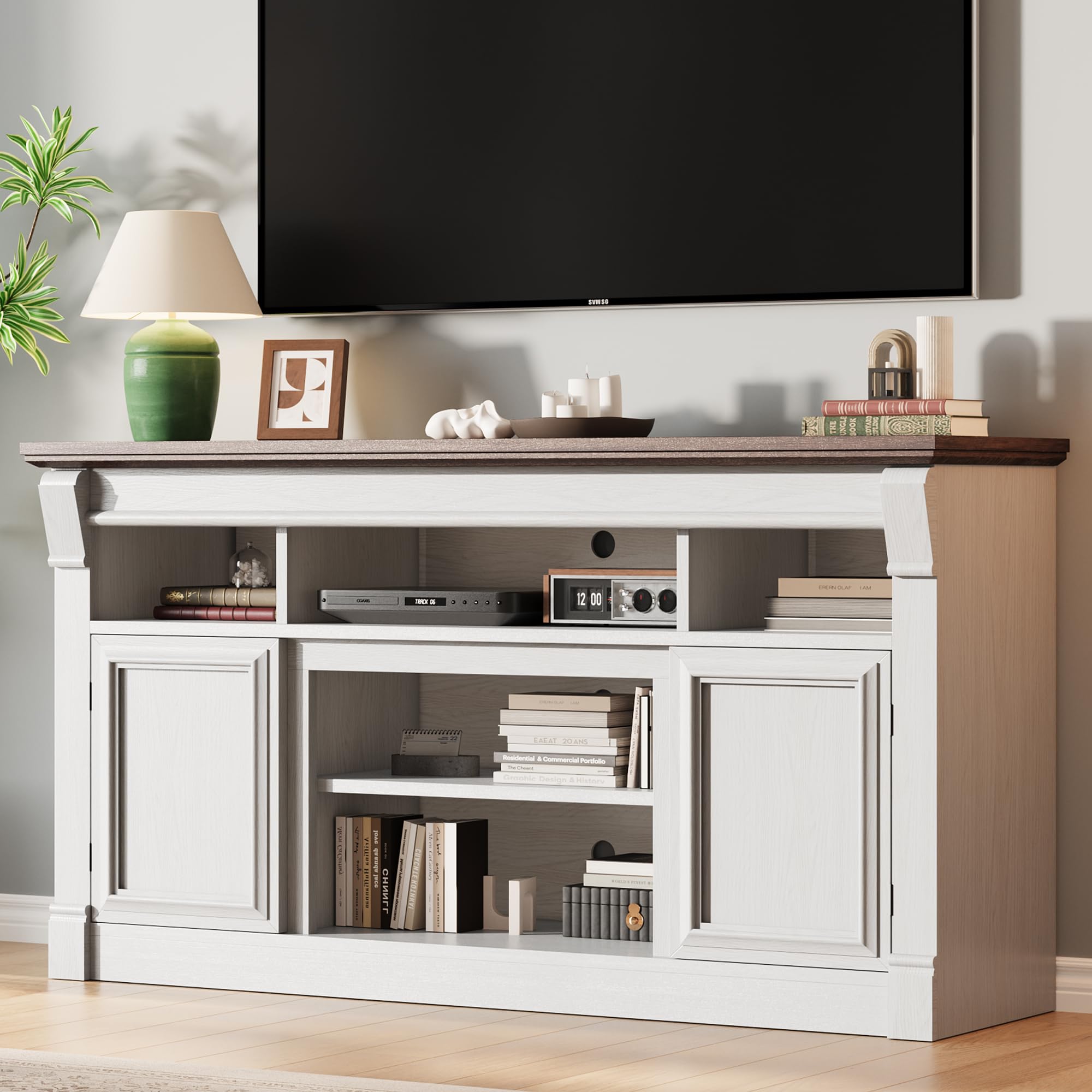 garvee 68" farmhouse tv stand for tvs up to 75 inches,entertainment center with open storage cabinets,media console for living room,white