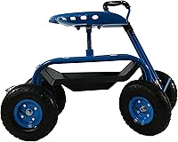 Vista 7 de Sunnydaze, carro de jardín rodante con volante extensible, taburete giratorio y canastilla., Sólido, Azul