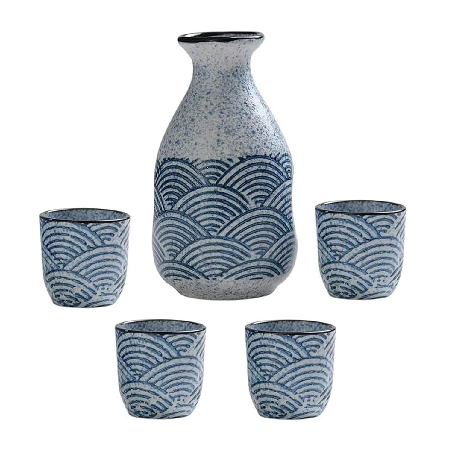 Juego de sake REVLIE de 5 piezas con tazas tradicionales de textura ondulada para frío o calor