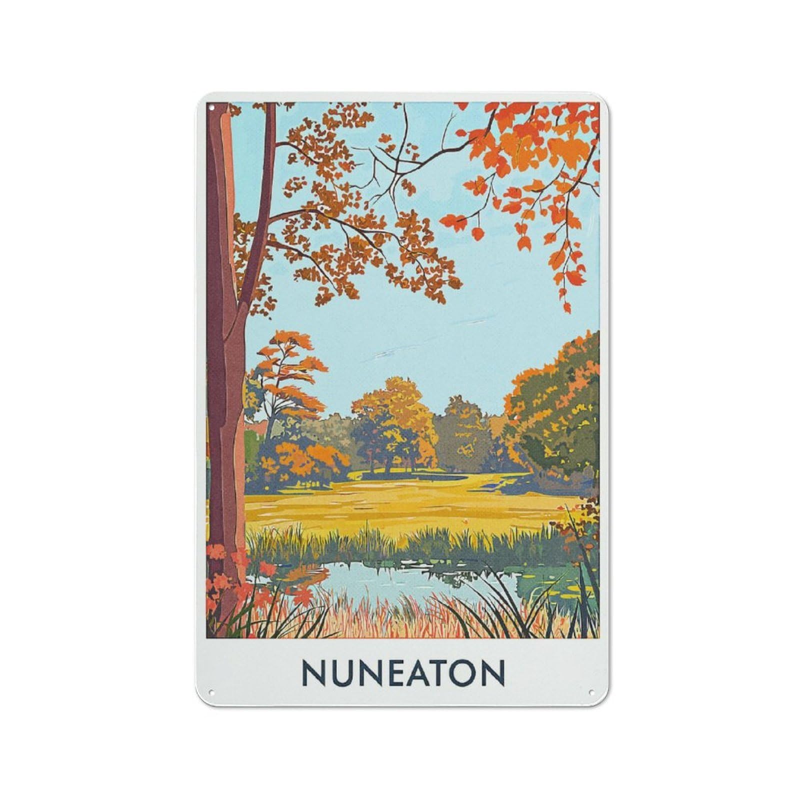 Rustic Tin Sign 30x20cm Featuring Nuneaton Autumn Landscape for Garage Or Workshop, for Garage, Workshop And Man Cave Decoration