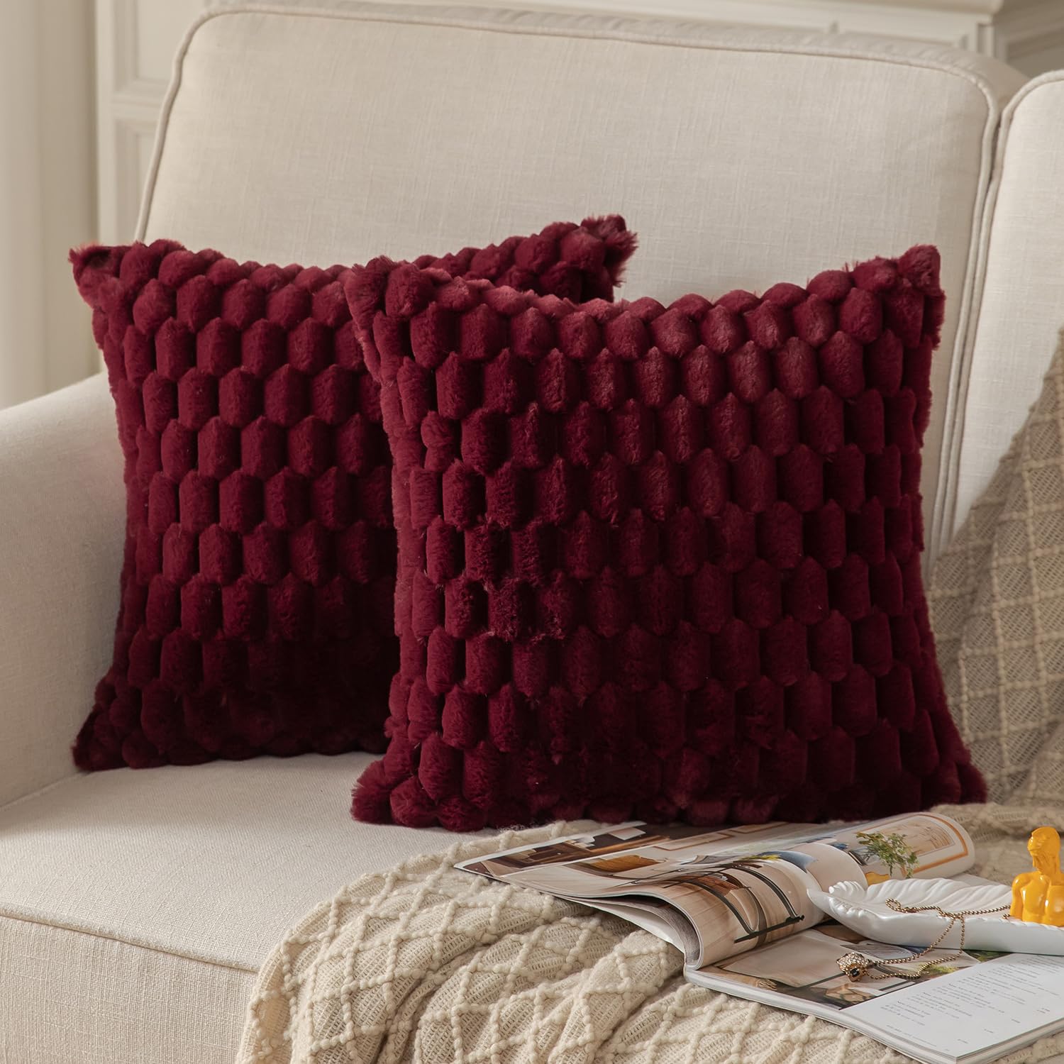 Mandioo Pack of Burgundy Super Soft Plush Decorative Cushion