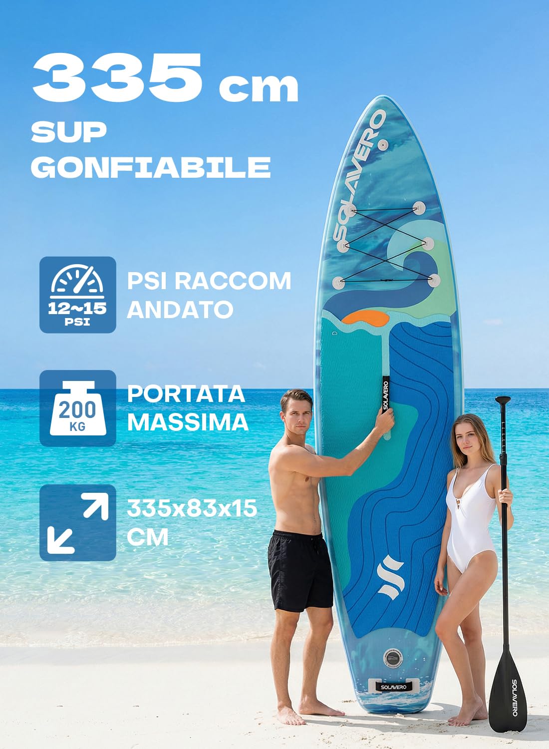 SOLAVERO Tavola da Sup Gonfiabile, 335 x 83 x 15 cm Tavola da Paddle con Antiscivolo EVA, Pagaia Regolabile, 3 Pinne, Surf Gonfiabile per Tutti i Livelli di Abilità, Fino a 200kg