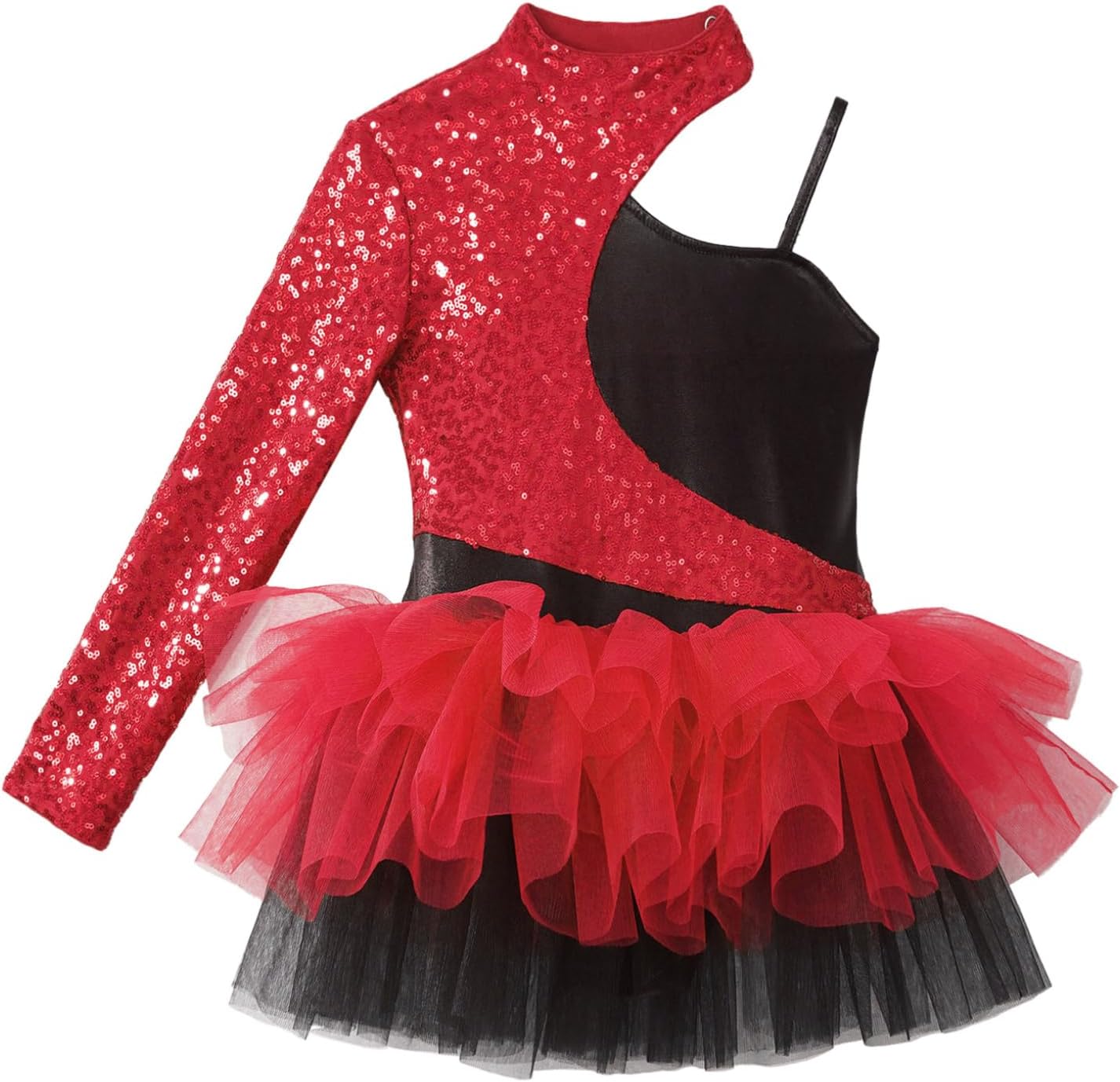 Oyolan Kids Girls Sequins Ballet Dance Dress Single Long Sleeve Oblique Shoulder Gymnastics Leotards Tutu Skirt