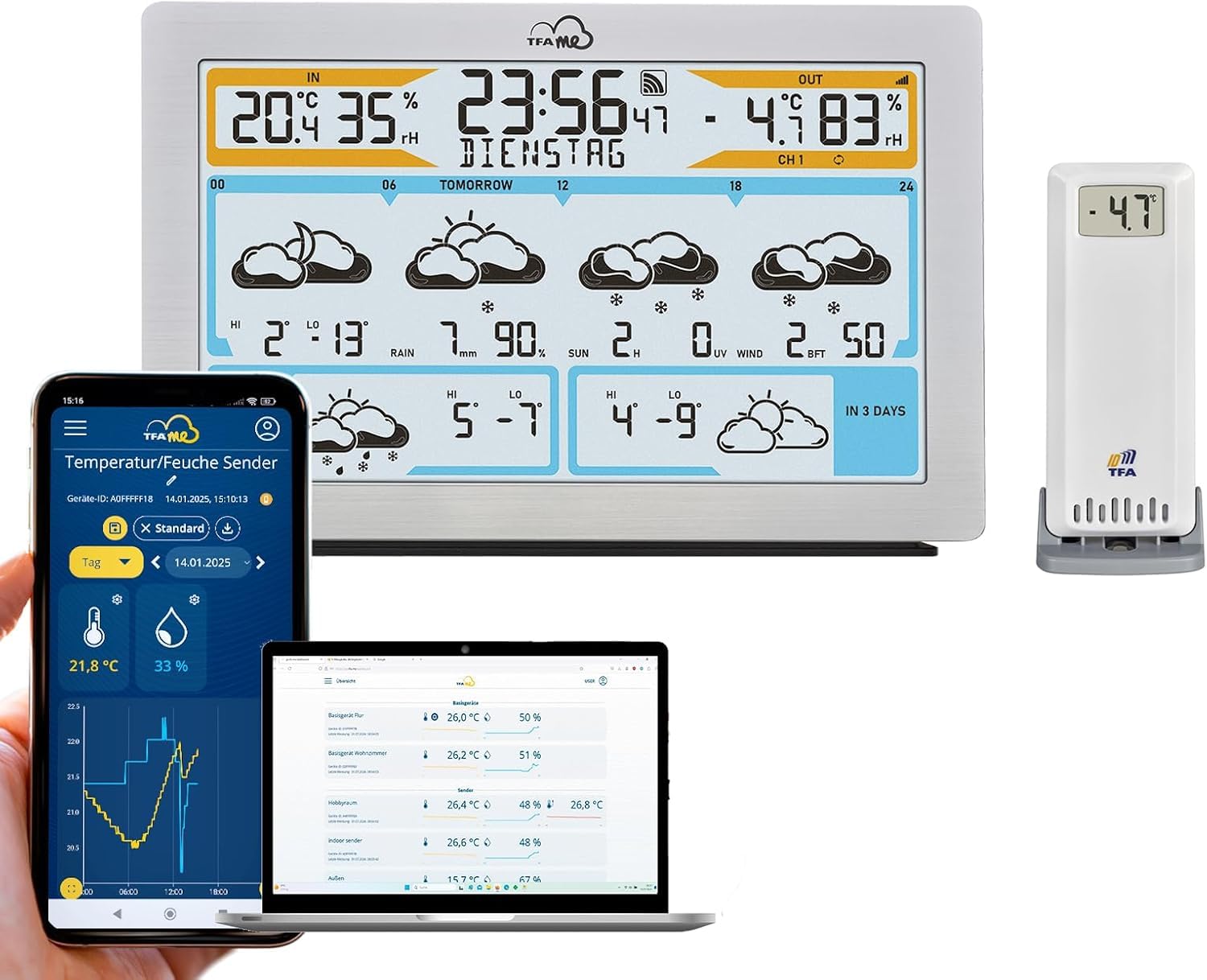 TFA Dostmann Station météo Wi-Fi 35.8100 prévisions météo professionnelles de 3 à 6 jours par Wetter.com portail en ligne, capteur extérieur sans fil, valeurs max-min