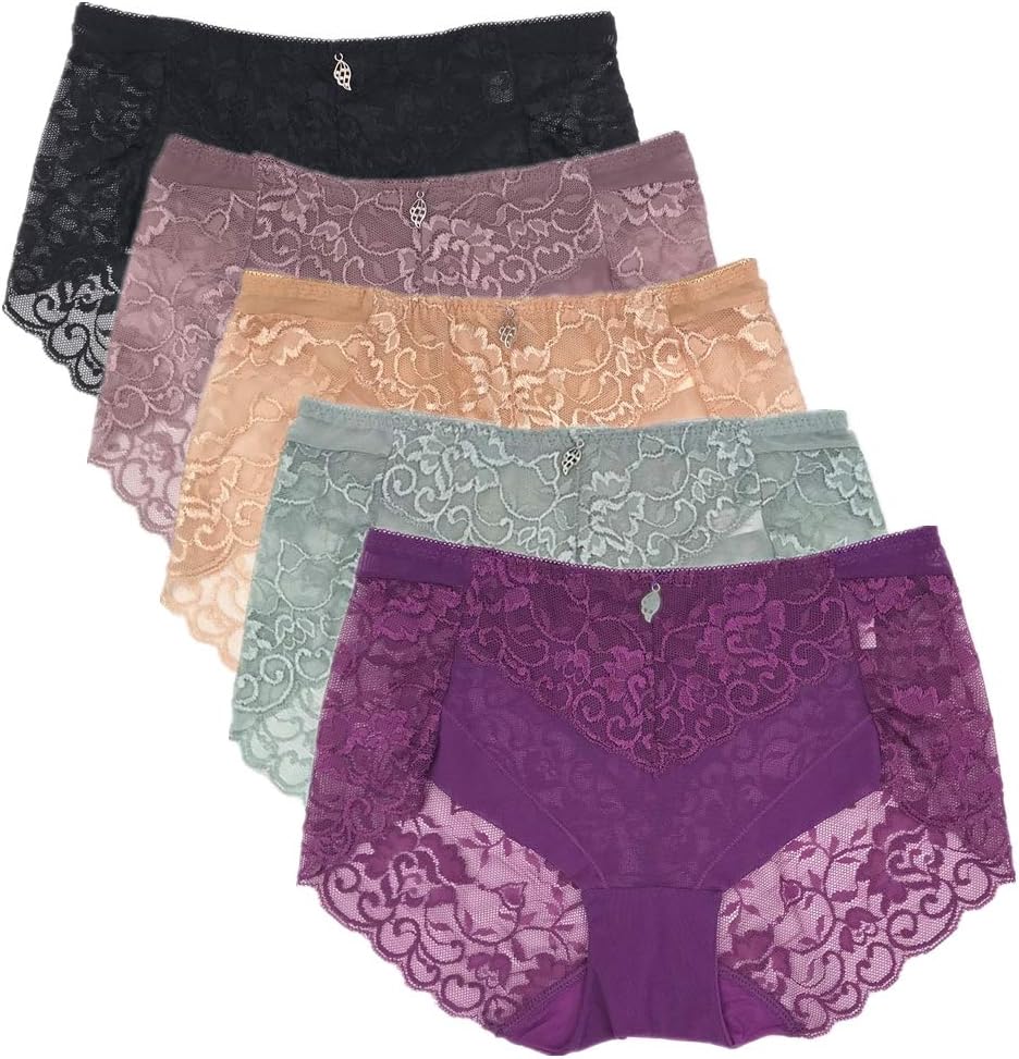 Pholeey 5 Pack Mid Rise Solid Panties for Women Cotton Liner Transparent Sexy Breathable Lace Brief