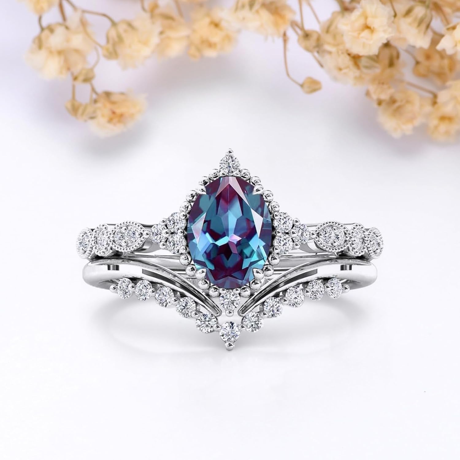 Alexandrite Engagement Ring Set 10k 14k 18k soild Gold Ring for Her,Wedding Bridal Promise Ring for Women Jewelry Gift for Her