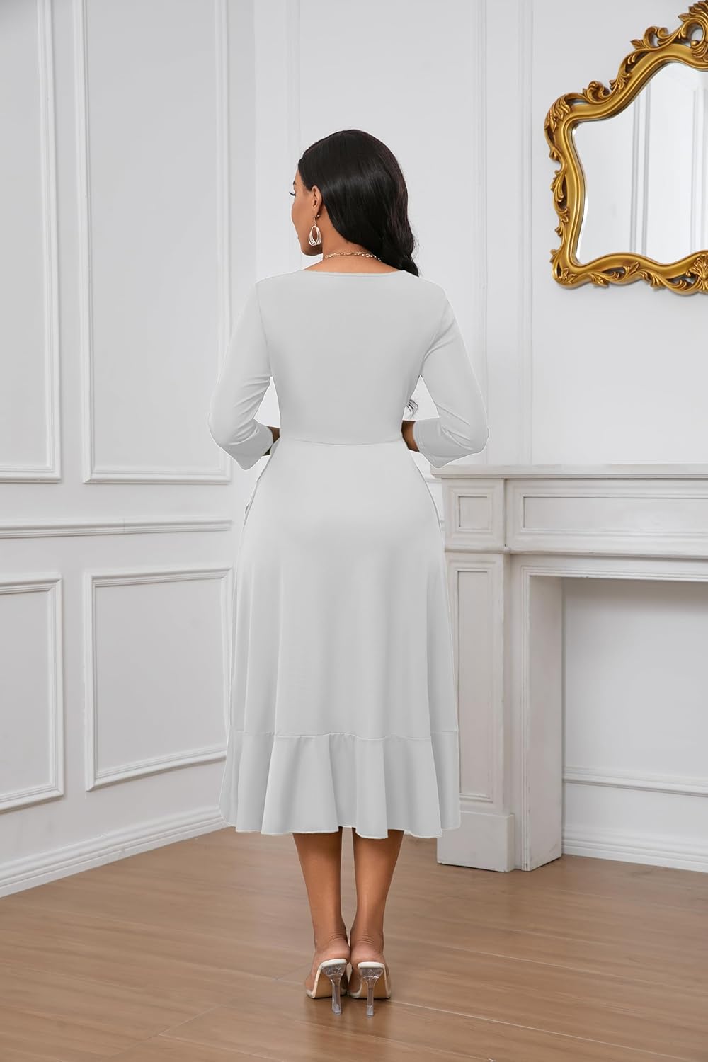 Womens Sexy Summer Midi Dress Casual Wrap V Neck 3/4 Sleeve Split Ruffle Hem Short Dresses with Pockets - Image 6