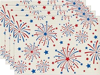Artoid Mode Stars Fireworks Patriotic 4th of July Placemats Set of 4, 12x18 Inch Memorial Day Table Mats for Party Kitchen Dining Decoration