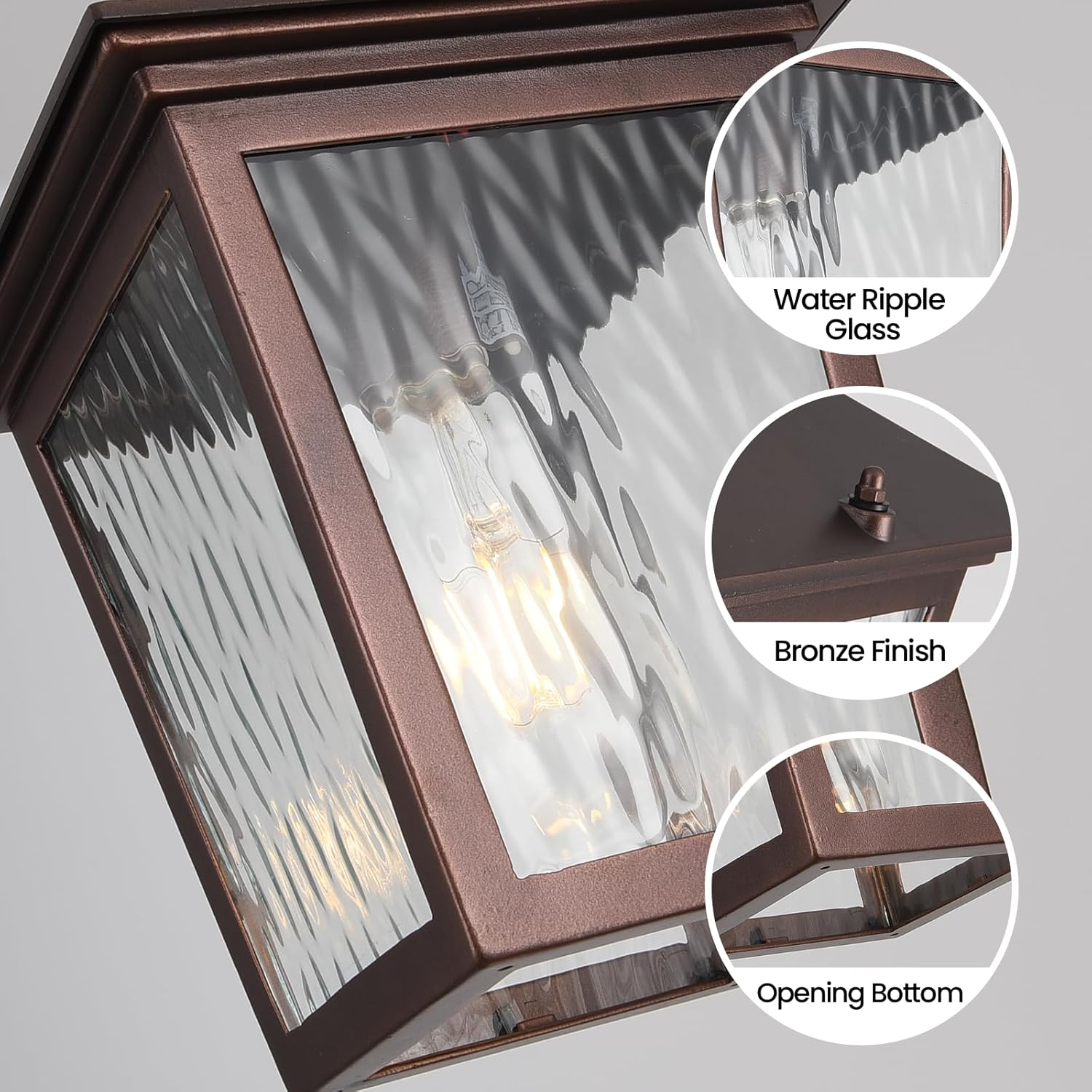 Outdoor Pendant Light, Brown Outdoor Porch Light fixtures with Anti-Rust, Coffee Exterior Hanging Lantern, Height Adjustable Outside Chandelier with Water Glass for House Patio Garage