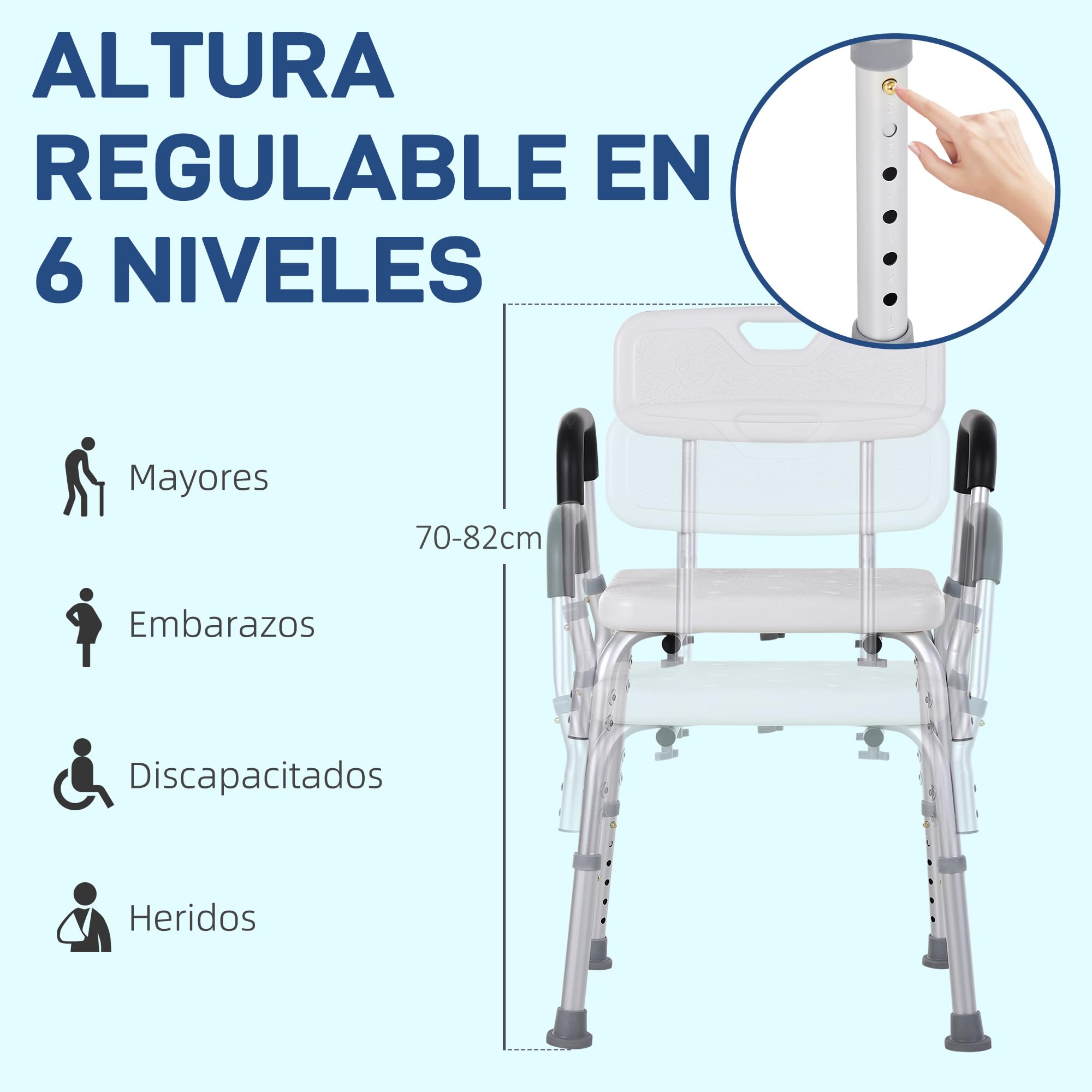 HOMCOM Silla Ducha Personas Mayores Antideslizante con Altura Ajustable | Taburete Ducha, Reposabrazos Regulable, Carga 136 kg, Ancianos Discapacitados, Silla para Baño