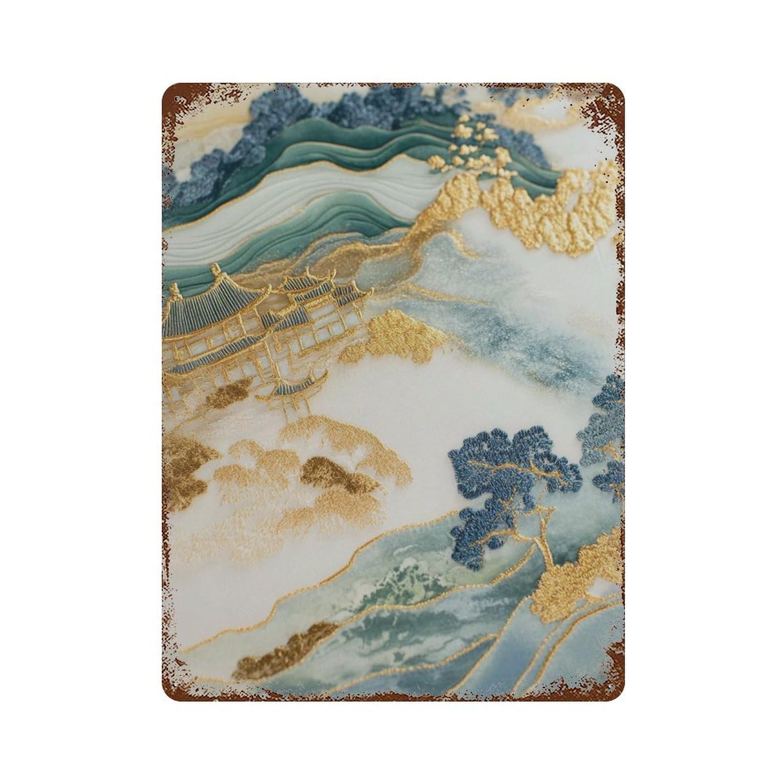 xiaoxiaoshen Golden Japanese Landscape Abstract Oriental Elegant Blue And Gold Asian Modern Wall Decor Art Metal Tin Poster Modern Home Decor Art Home Bar Shop Decorations Vintage Sign 40x30cm
