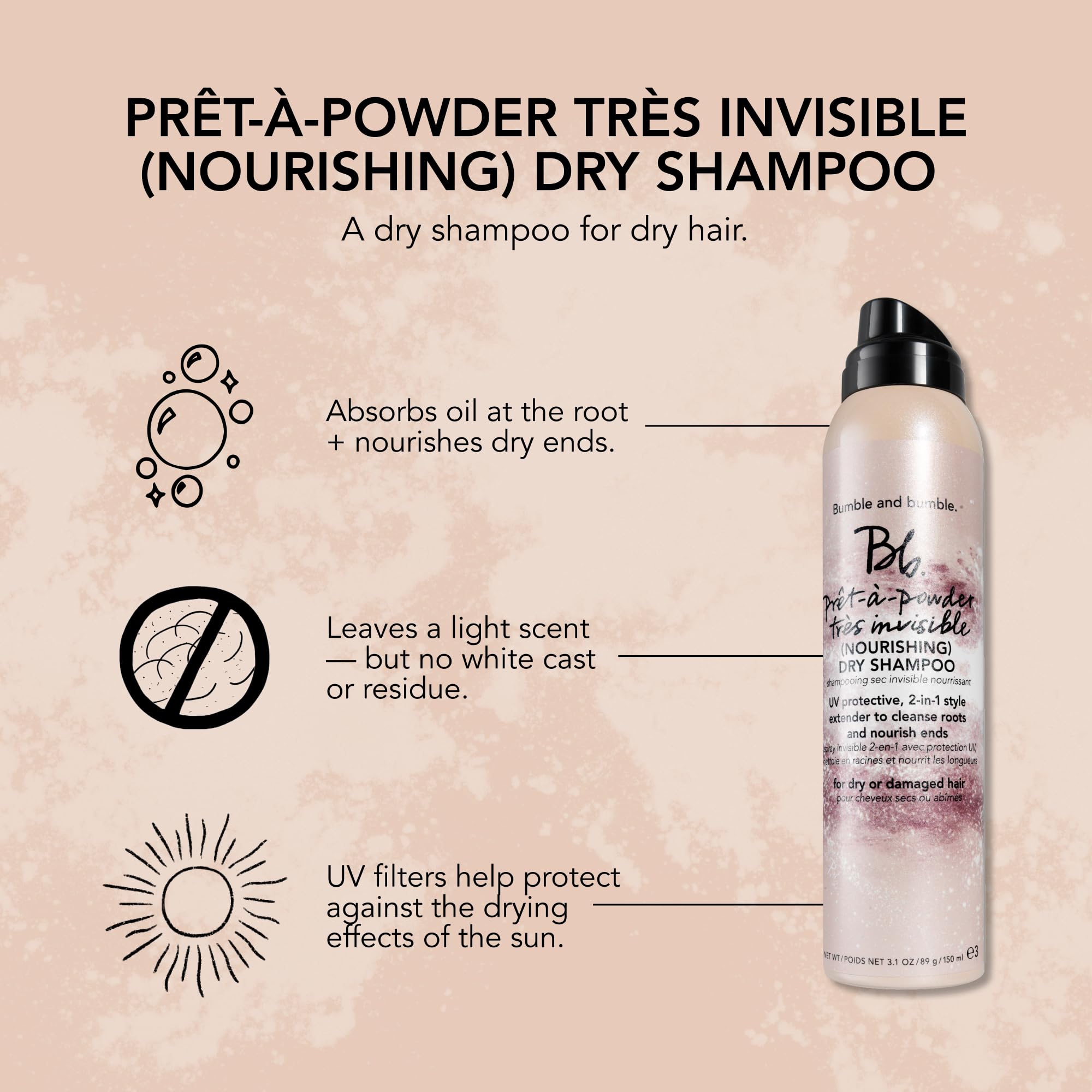 Bumble and bumble. Prêt-à-powder Très Invisible Nourishing Dry Shampoo | Absorbs Oil at the Roots | Nourishes Dry Ends | UV Protection | For Medium to Thick Curly, Wavy, Straight Hair Types, 3.1 Ounce