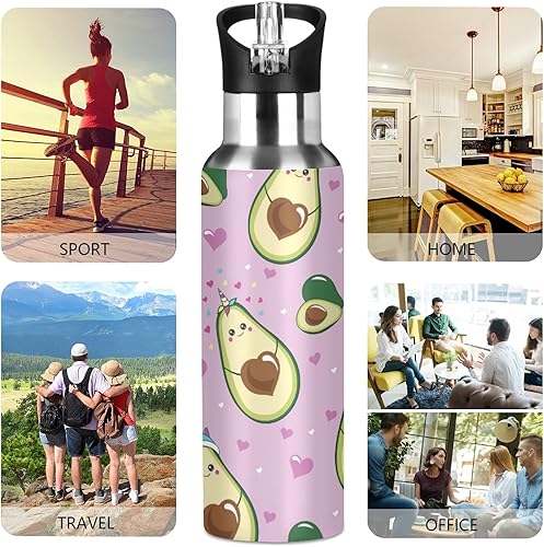 Miniatura 5 de xigua Botella de agua de aguacate con tapa de pajilla, termo de acero inoxidable aislado al vacío para deportes, ciclismo, senderismo, escuela,