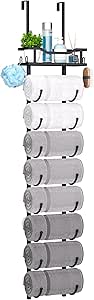SWTYMIKI Over Door Towel Rack - 5 Tier Towel Storage Rack Wall Mounted With Metal Shelf, Over Door Towel Rail, Space-Saving Bathroom Towel Storage, Multi-Functional Bathroom Accessories, Black