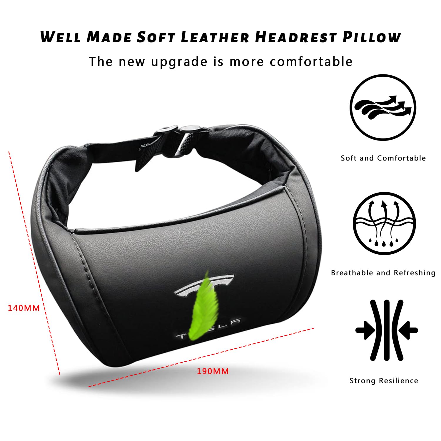 Arcoche Cuscino Poggiatesta per Tesla Model 3/Y/S/X, Cuscino per Collo Auto Tesla Memory Foam in Vera Pelle, Cuscino per Collo per Seggiolino Auto, Accessori Tesla Modello 3 Y S X (2PC Nero)