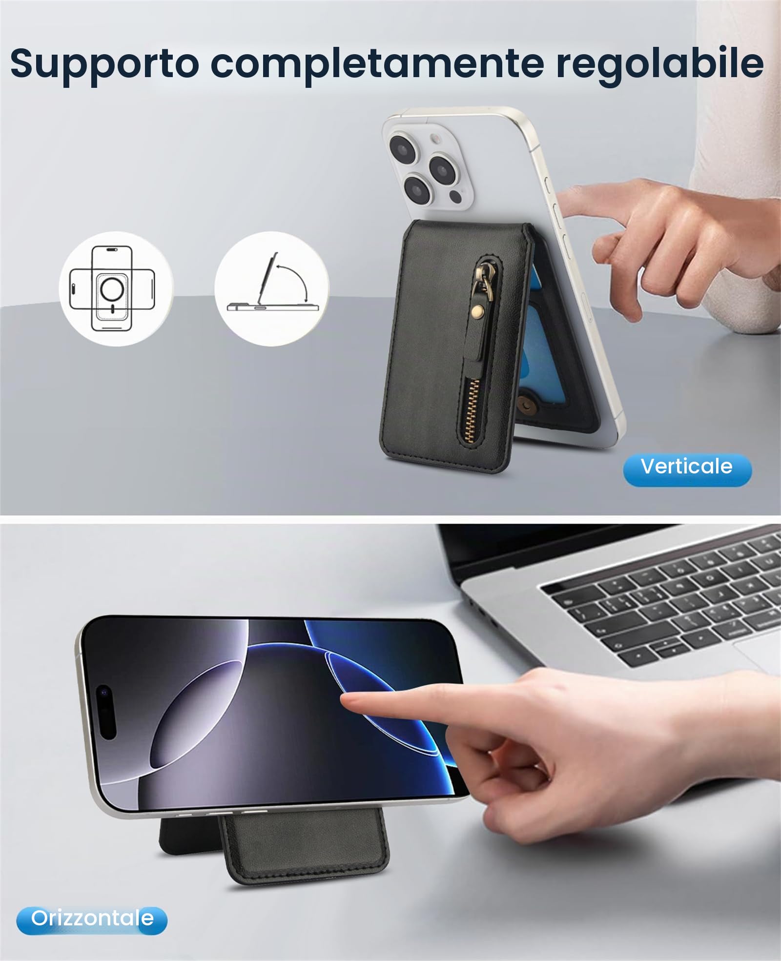 Ysnzaq per Magsafe Wallet Portafoglio PU in Pelle per iPhone 16/15/14/13/12 Pro/Max/Plus, Magnetico Portafoglio Porta Carte Supporto Adjustable Accessori per iPhone 16/15/14/13/12 Pro/Max.ZYC Black