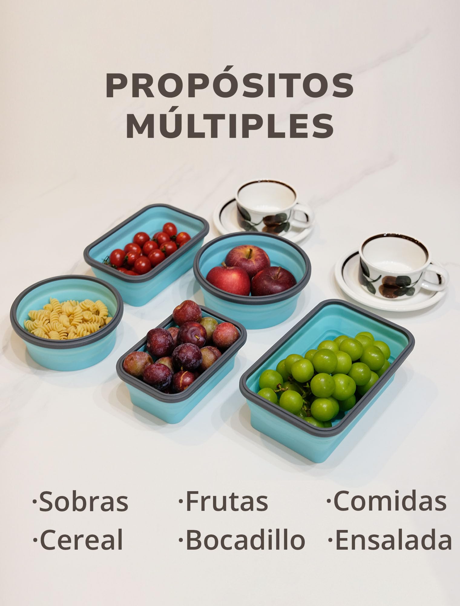 Lunememo 8 Recipientes Plegables de Silicona, Contenedores Plegables para Comida, Fiambrera Plegable para Camping, Sobras, Senderismo, Picnic, Sin BPA, Azul