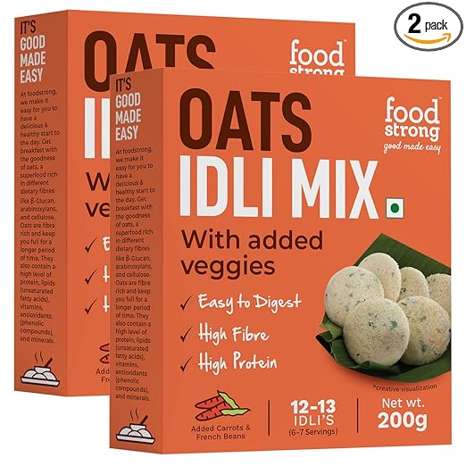 Foodstrong Oats Idli Mix, High Protein & Fibre, Easy to Digest, With Added Carrots & French Beans, No Preservatives, Ready to Cook Instant Mix 200 g x Pack of 2, Makes 12-13 Idlis Per Pack