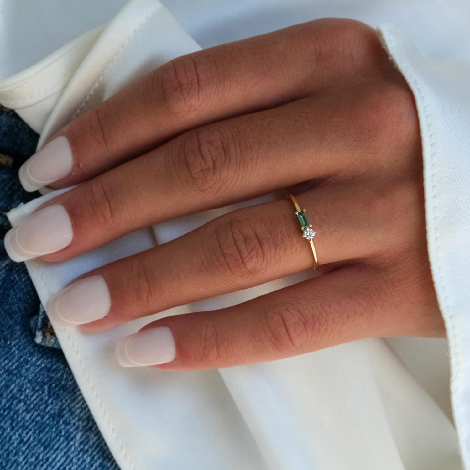 espere Solid Gold Dainty Two Stone Stackable Cluster Ring | 14K Yellow Gold Petite Ring with Baguette Cut Lab-Grown Emerald and Round Moissanite | Womens Wedding Ring Promise Gift For Her